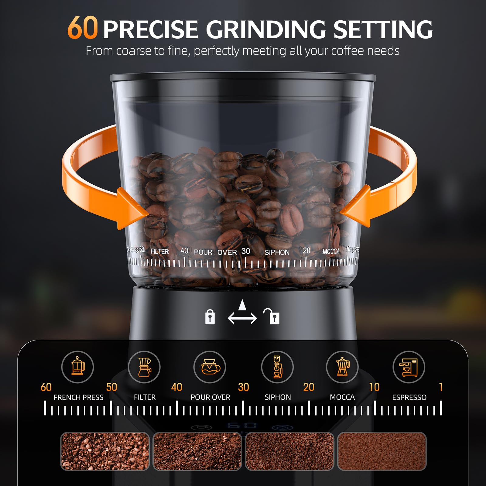 Premium Electric Burr Coffee Grinder with LCD Touch Screen - 60 Precise Grinding Settings, 60-Second Timer & 1-8 Cup Capacity - Anti-Static Stainless Steel Design for Espresso, French Press & Cold Brew at Home or Office