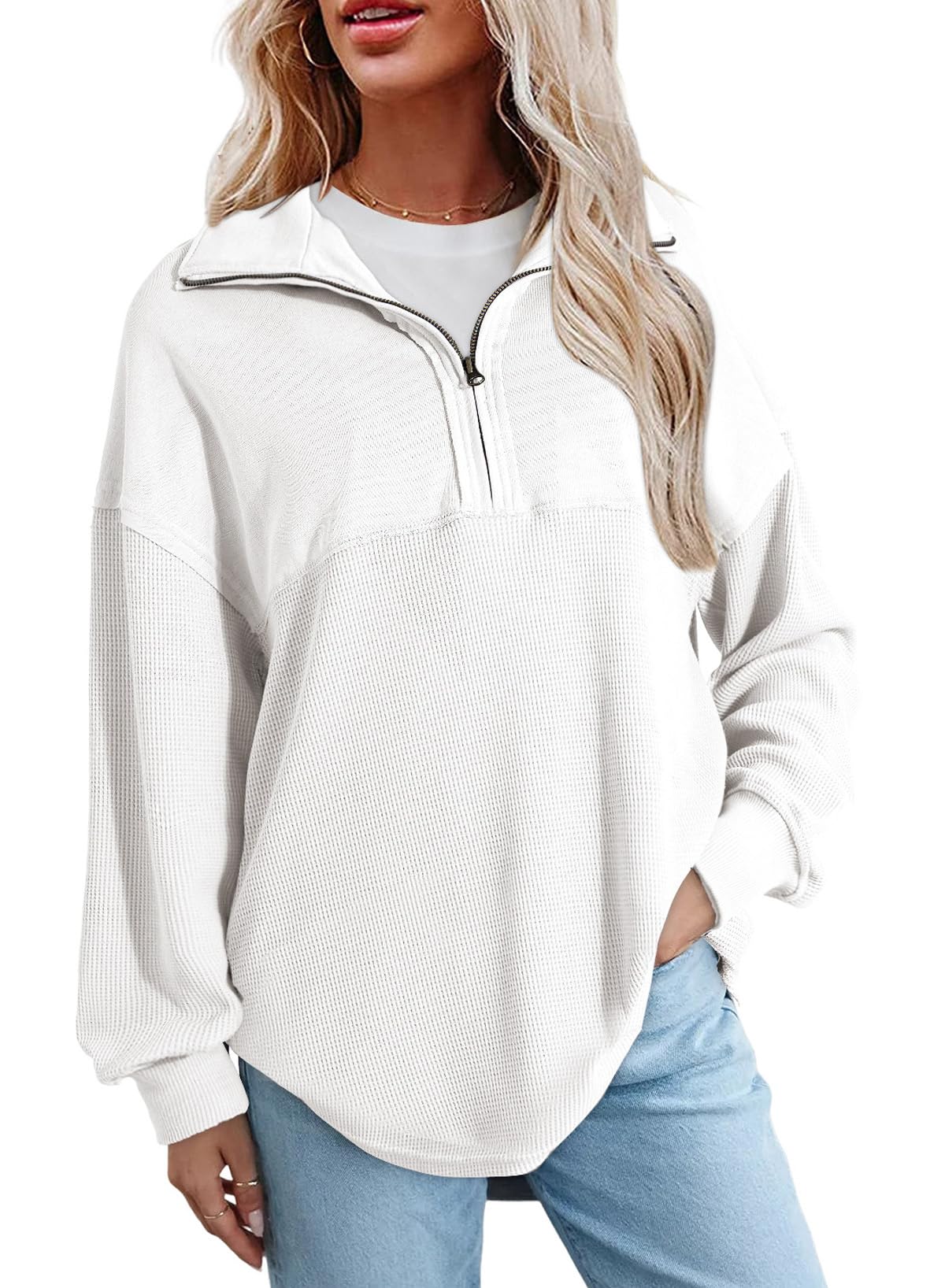 SHEWIN Women's Casual Waffle Knit Half Zip Pullover Sweatshirt - Loose Fit Long Sleeve Top for Fall & Winter 2024 | Cozy Outfit for Work, Travel & Everyday Wear