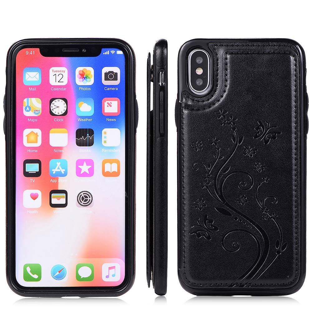 Premium Leather Wallet Phone Case for iPhone X/Xs/10 with Tempered Glass Screen Protector - Card Holder & Stand Cover for Women & Men (Black) - Perfect for Work, Travel & Everyday Use