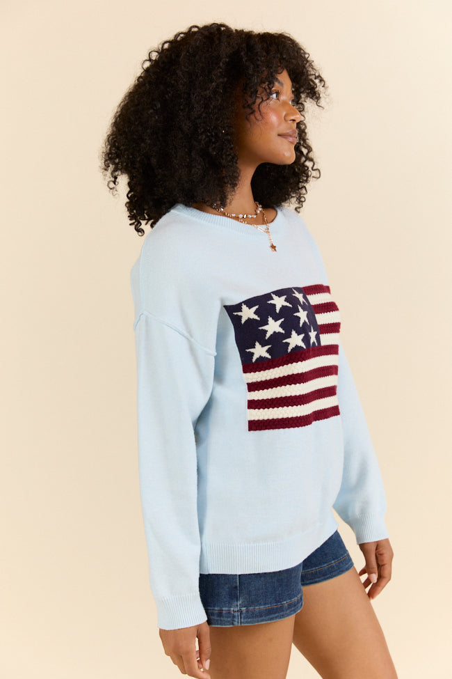 Patriotic Light Blue Textured Flag Sweater - Cozy Knit Pullover for Men & Women - Perfect for 4th of July, Veterans Day & Casual Outings