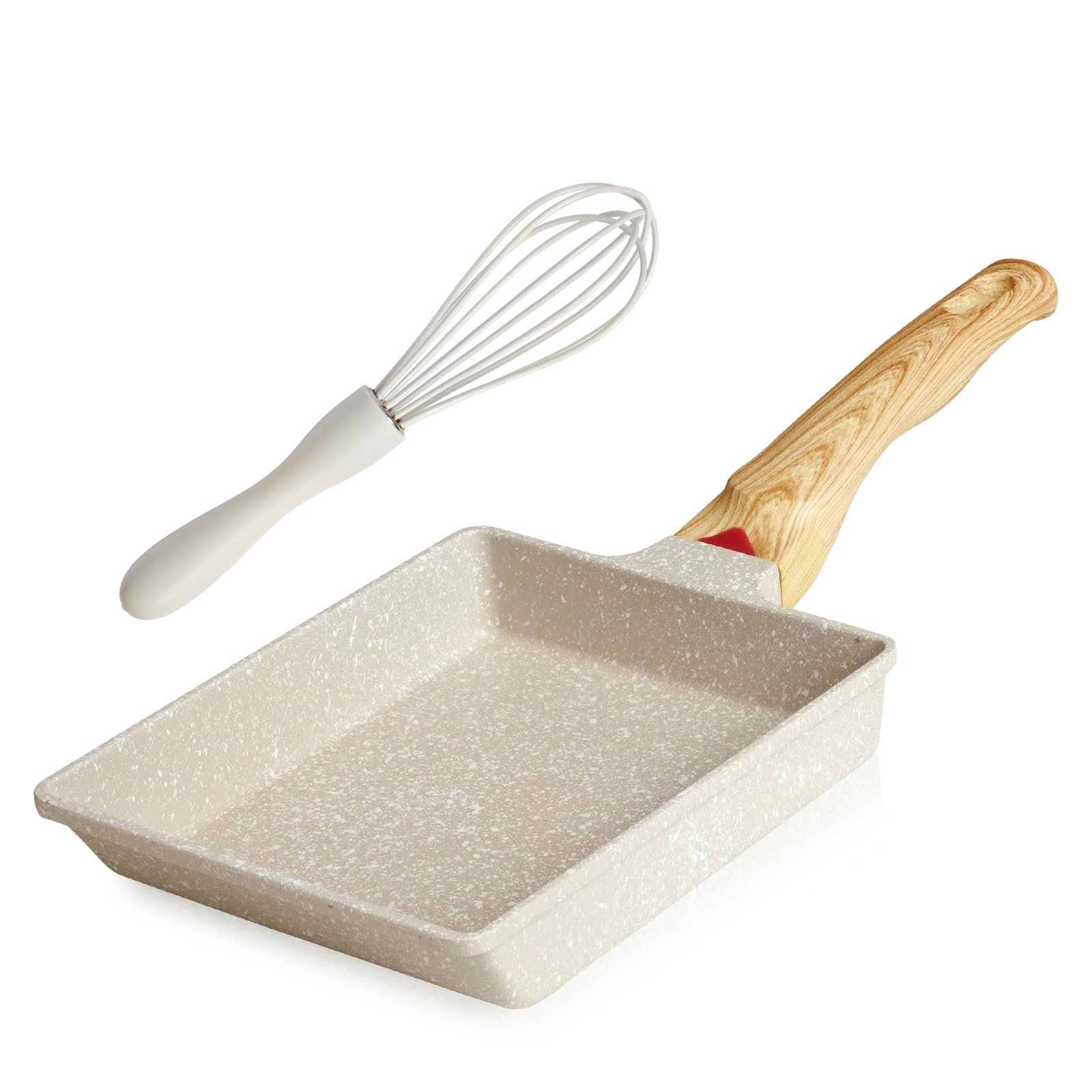 Tamagoyaki Pan - Nonstick Japanese Omelette Pan for Perfect Egg Rolls | Rectangle Egg Frying Pan with Wooden Handle & Whisk | PFOS & PFOA Free | Oven & Dishwasher Safe | Ideal for Breakfast, Bento Boxes & Japanese Cuisine