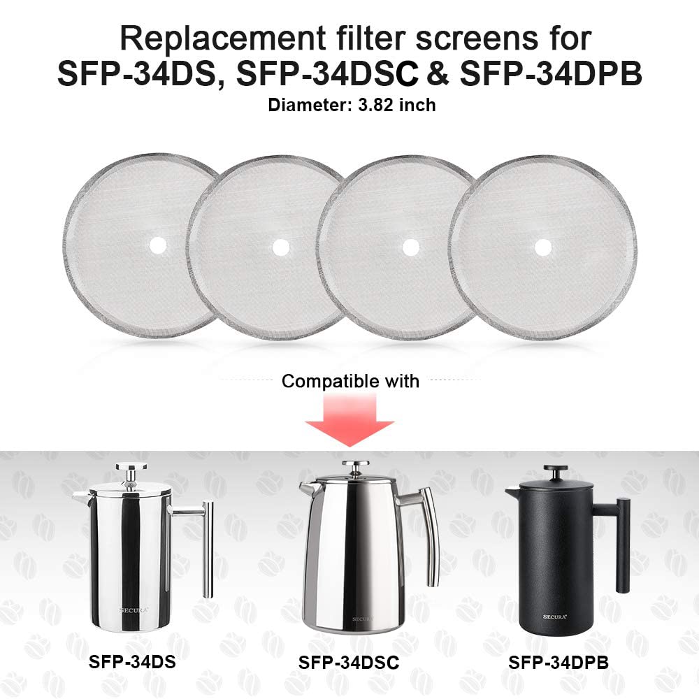 Secura Stainless Steel French Press Replacement Screens - 4 Pack Reusable Mesh Filters for 34oz/1L/8 Cup Coffee Makers - Perfect for Home, Office & Camping Coffee Brewing