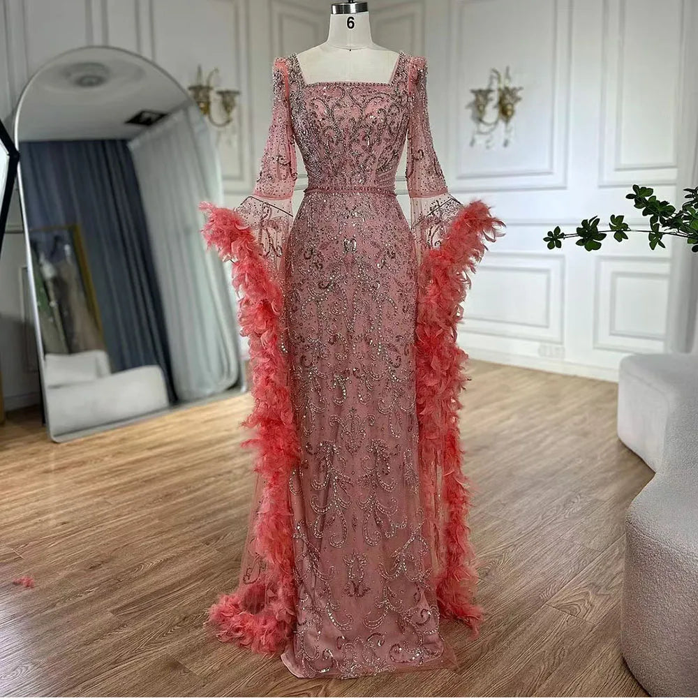 Luxury Dubai Flared Sleeves Mermaid Evening Gown with Turquoise Beads & Feathers - Formal Dresses for Prom, Gala & Special Occasions - LA72767