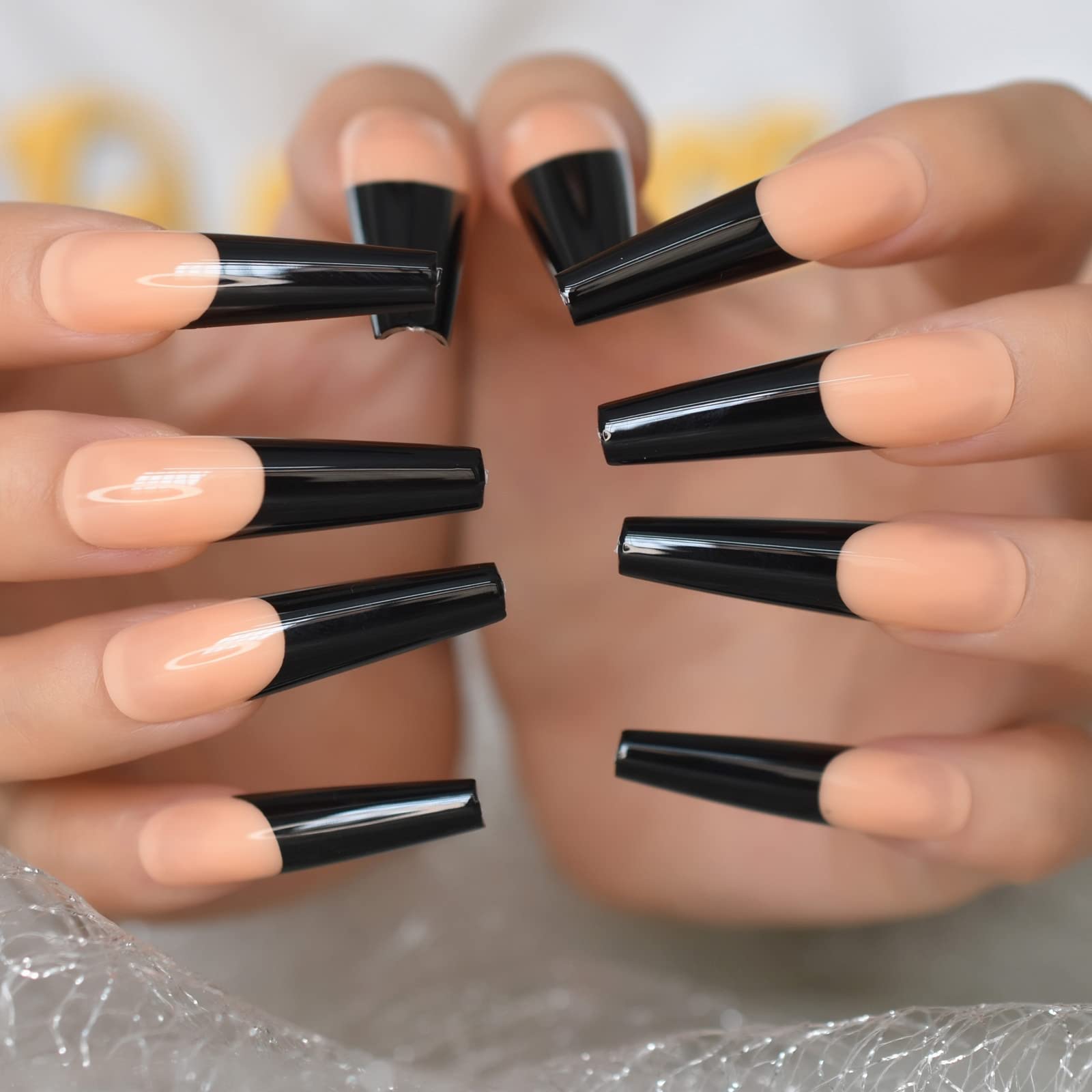 XXL Long Coffin Press On Nails - Orange & Black French Tip Fake Nails | Full Cover Glossy Ballerina False Nails for Manicure | Perfect for Halloween, Parties & Special Occasions