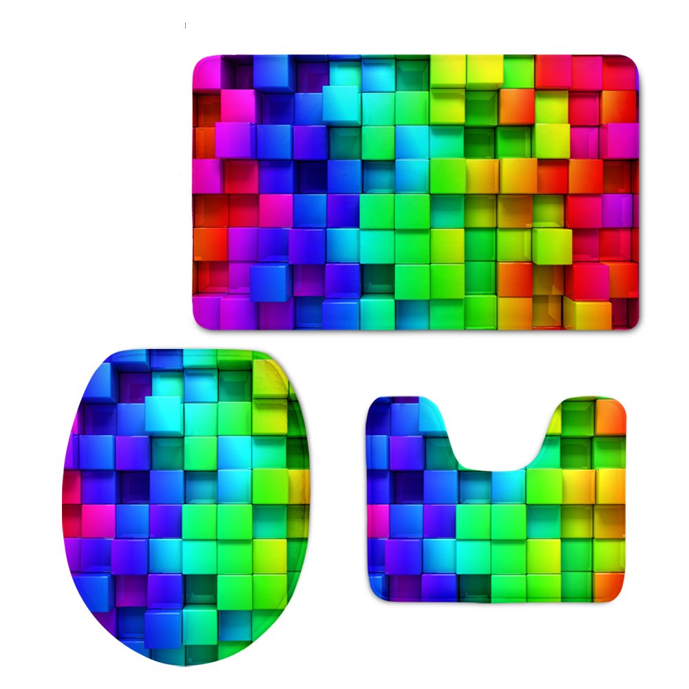 UNICEU 3D Rainbow Plaid Print Bathroom Rug Set - Non-Slip Contour Mat, Toilet Lid & Tank Cover - 3 Piece Water Absorbent Bath Mat Set for Modern Home Decor (Grey, 17x24 Inch) - Perfect for Bathroom, Vanity & Kids Room
