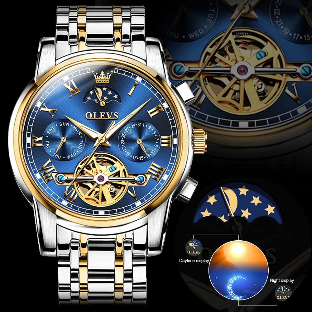 OLEVS Automatic Couple Watches for Men and Women - His and Hers Matching Mechanical Self-Winding Tourbillon Dress Watches with Day Date Calendar, Big Face, Two Tone - Perfect Anniversary Gift for Couples, Wedding, Valentine's Day & Special Occasions