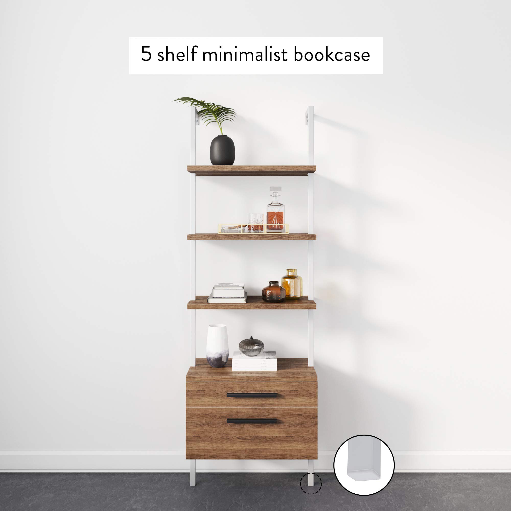 Nathan James Theo Industrial Bookshelf with Wood Drawers & Matte Steel Frame - 3-Tier Oak/White Storage Shelf for Living Room, Office & Bedroom Organization