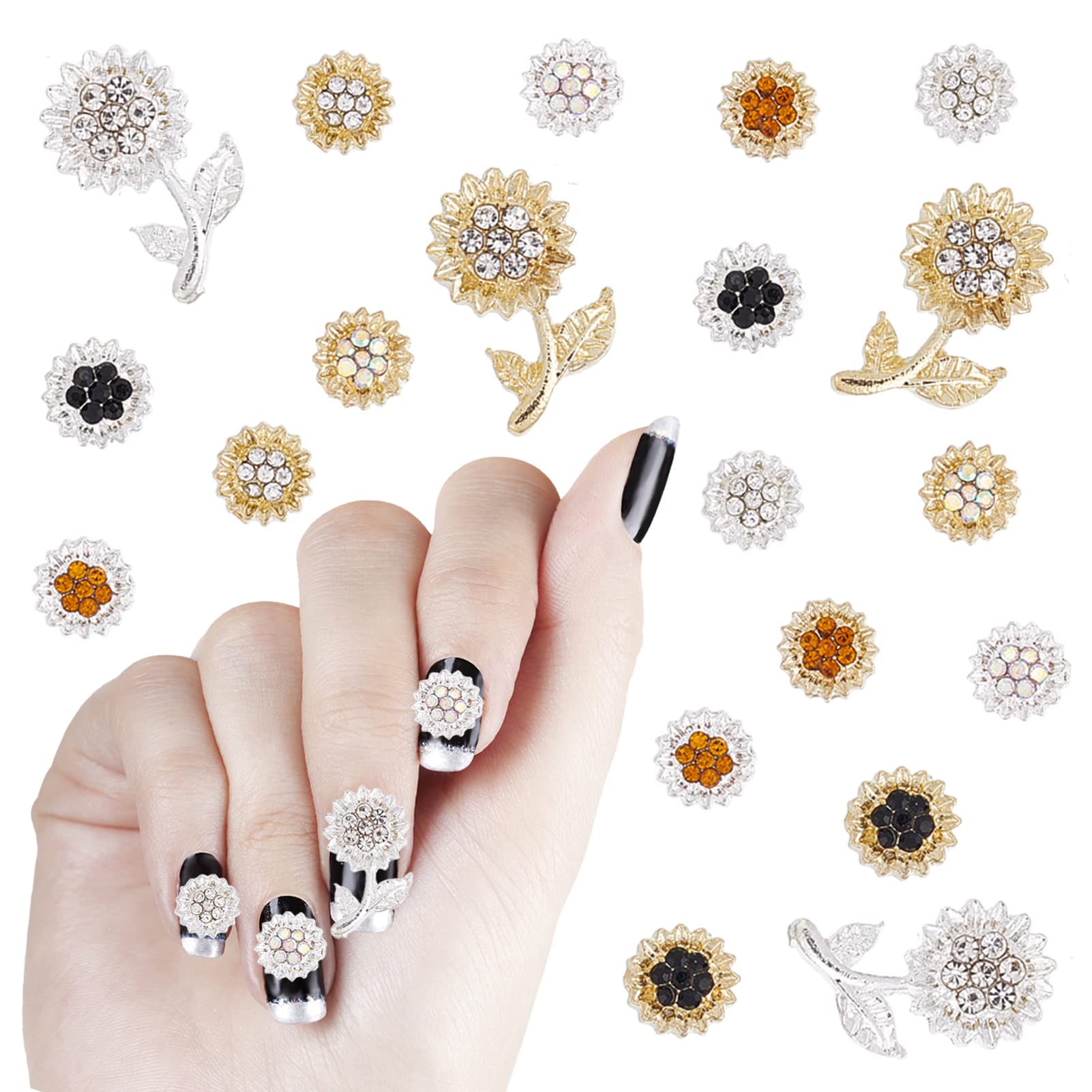 NICENEEDED 20Pcs Alloy Sunflower Nail Charms - 3D Gold & Silver Flower Nail Studs with Rhinestones, 10 Styles Metal Nail Art Decorations for Women & Girls DIY Manicure - Perfect for Nail Salon, Home Nail Design & Party Nail Art
