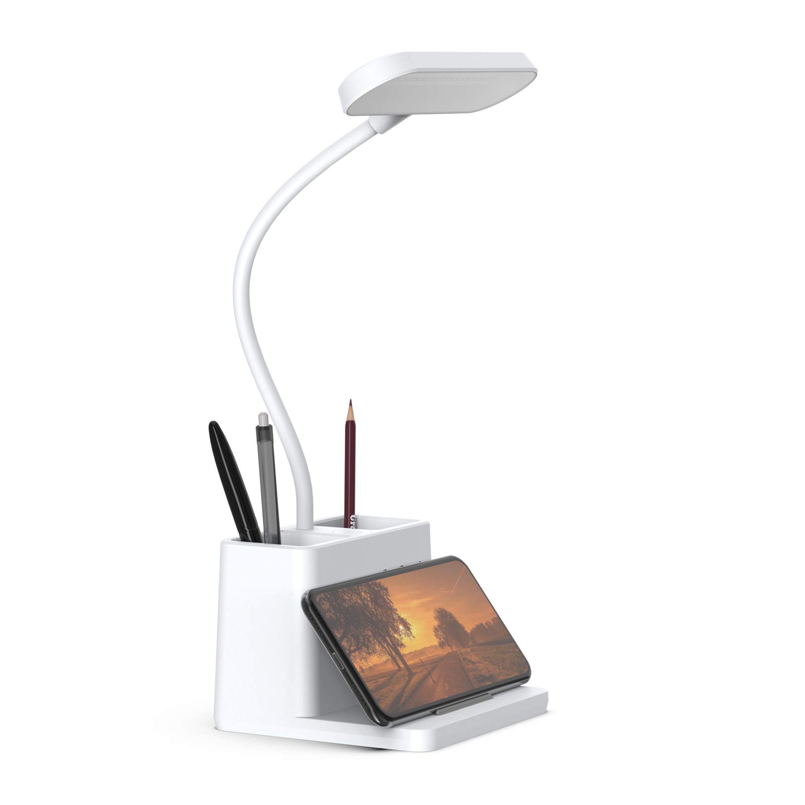 Rechargeable LED Desk Lamp with Gooseneck & Pen Holder - Small Study Light for Home Office, Bedroom, College Dorm - White Mini Task Lighting for Computer Keyboard, Reading & Writing