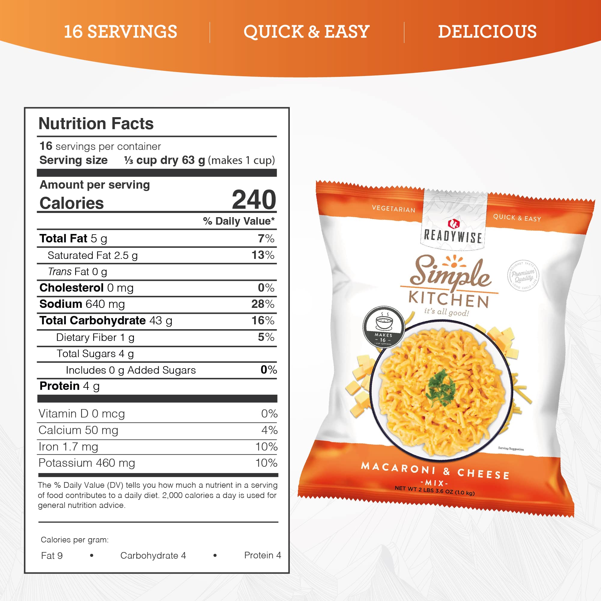 READYWISE Simple Kitchen Macaroni and Cheese - 16 Servings per Pack (Pack of 4) | Vegetarian MRE for Hiking, Camping, Emergency Food Supply | Perfect for Meal Prep, Daily Use & Outdoor Adventures