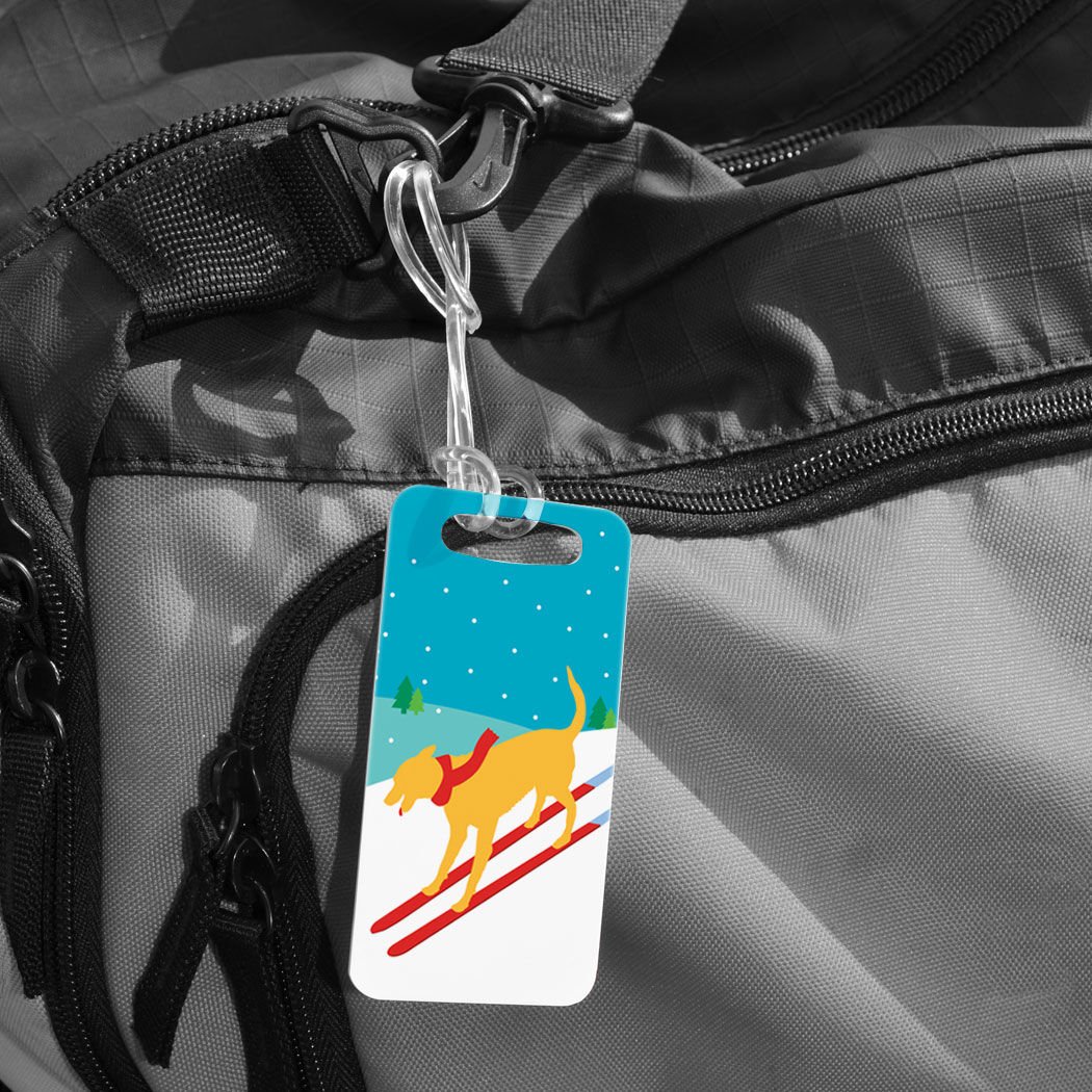Vintage Skiing Dog Luggage Tag - Customizable Personal Info - Small Yellow Ski-Themed Bag Tag for Travel & Outdoor Adventures