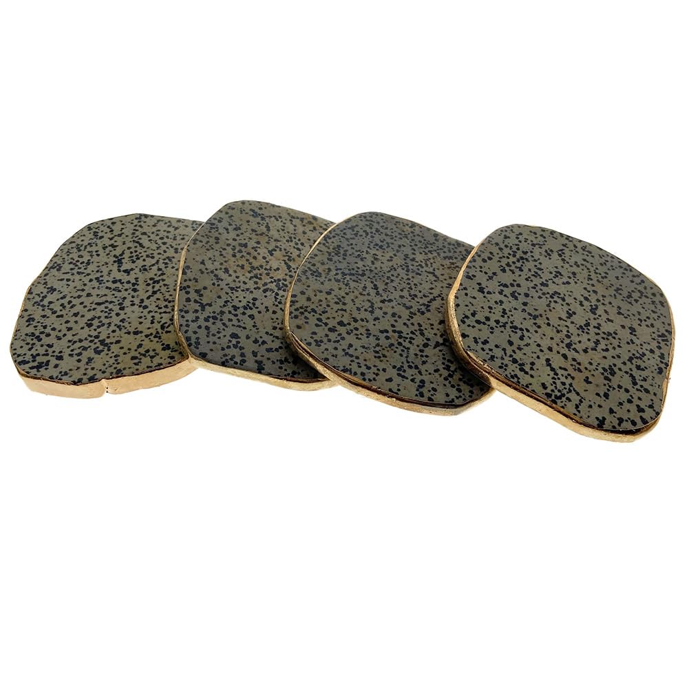 Natural Dalmatian Jasper Stone Coasters Set of 4 with Gold Accents - Perfect for Home Decor, Coffee Tables, and Gift Giving