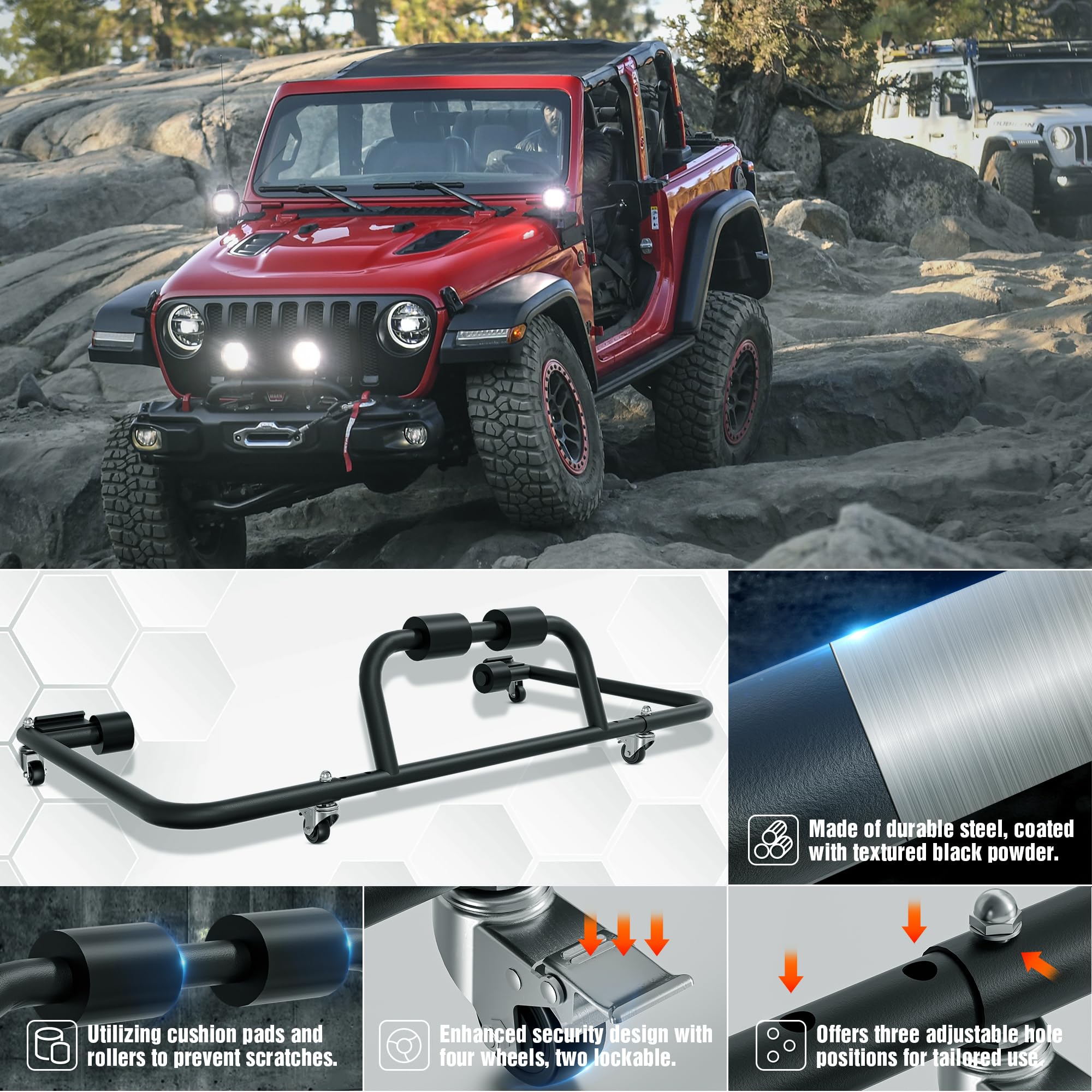 Adjustable Hardtop Storage Rack for Jeep Wrangler JK JL YJ TJ JKU JLU (1976-2025) & CJ-7 - Universal Sliding Cart with Movable Bracket for 2/4 Door Models - Black - Perfect for Garage Organization and Jeep Accessories Storage