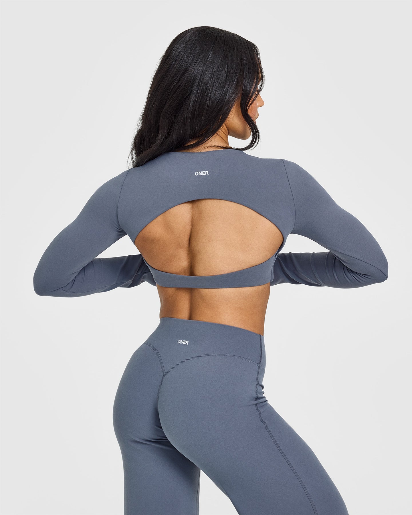 SoftMotion™ Long Sleeve Crop Top for Women - Stretchy Comfort Fit Yoga Shirt in Granite Blue | Perfect for Workouts, Yoga & Casual Wear