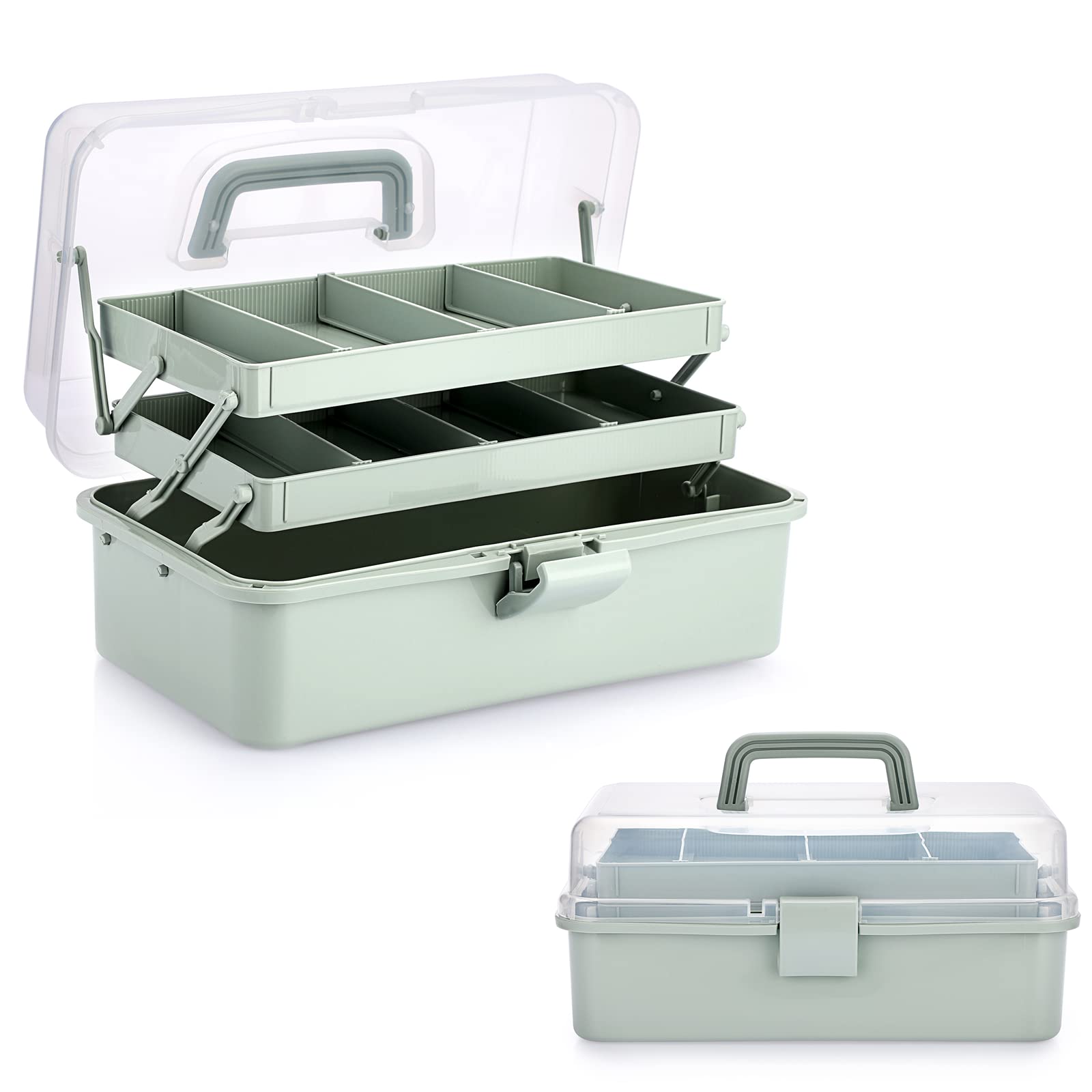 BTSKY 3-Layer Plastic Storage Box with Adjustable Dividers - Portable Craft Organizer for Art Supplies, Sewing Kits, Medicine & Home Organization - Perfect for Artists, Crafters & Home Use (Haze Green)