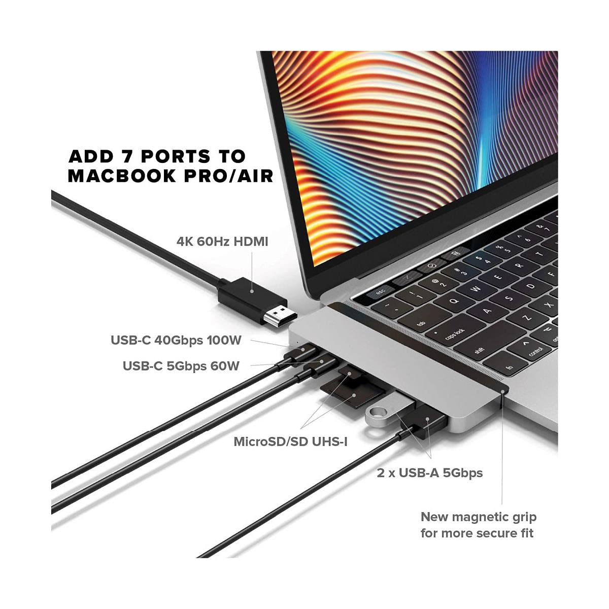 HyperDrive Duo 7-in-2 USB-C Hub for MacBook Pro/Air - Thunderbolt 3 (40Gbps), 100W PD Charging, 4K60Hz HDMI, USB-A 3.1, SD/MicroSD Reader - Magnetic Silver Adapter | Perfect for Home Office, Remote Work & MacBook Pro/Air Accessories