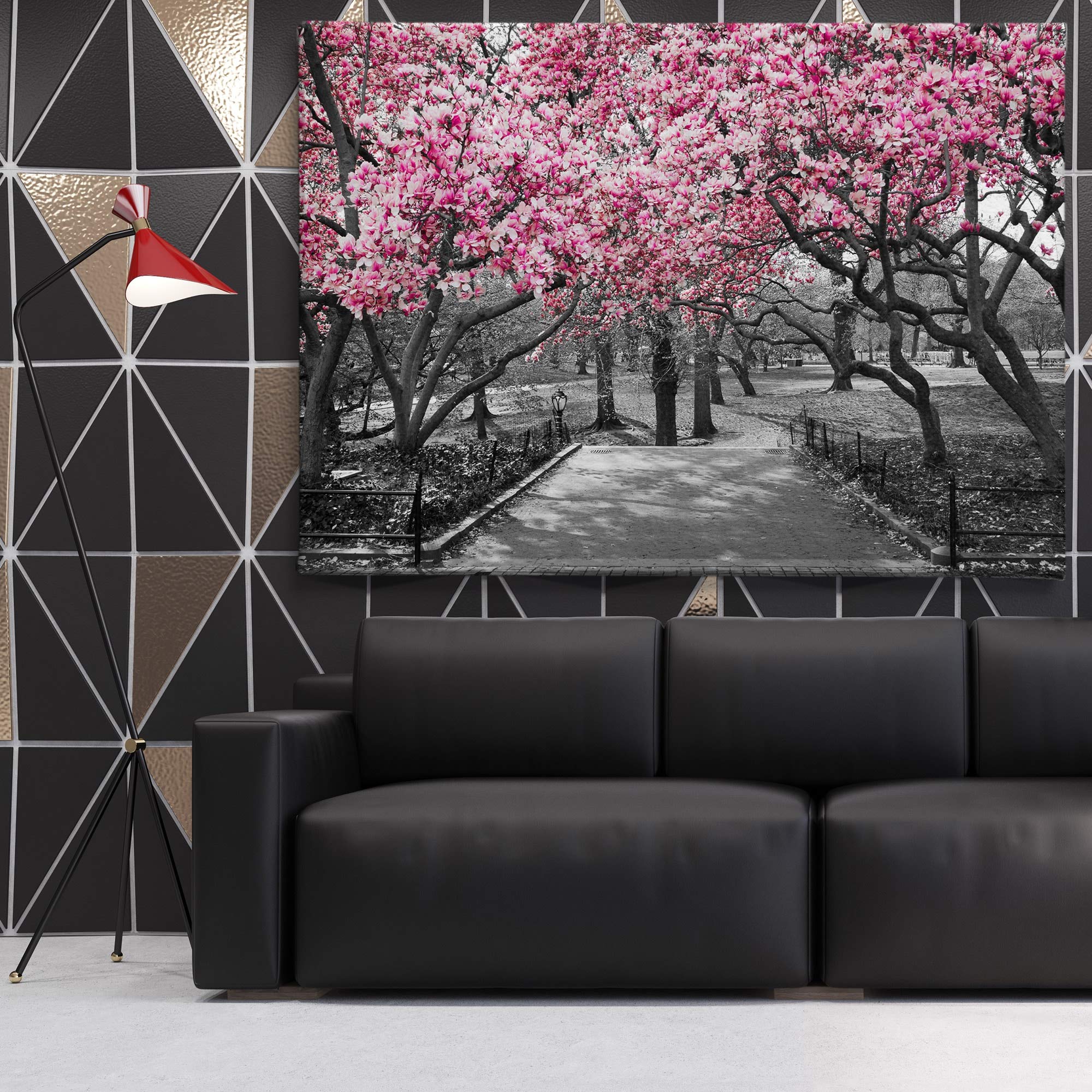 Black & White Pink Blossoms Canvas Wall Art - 36x24 Inch Gallery Wrapped Framed Painting - Modern Floral Decor for Living Room, Bedroom & Office
