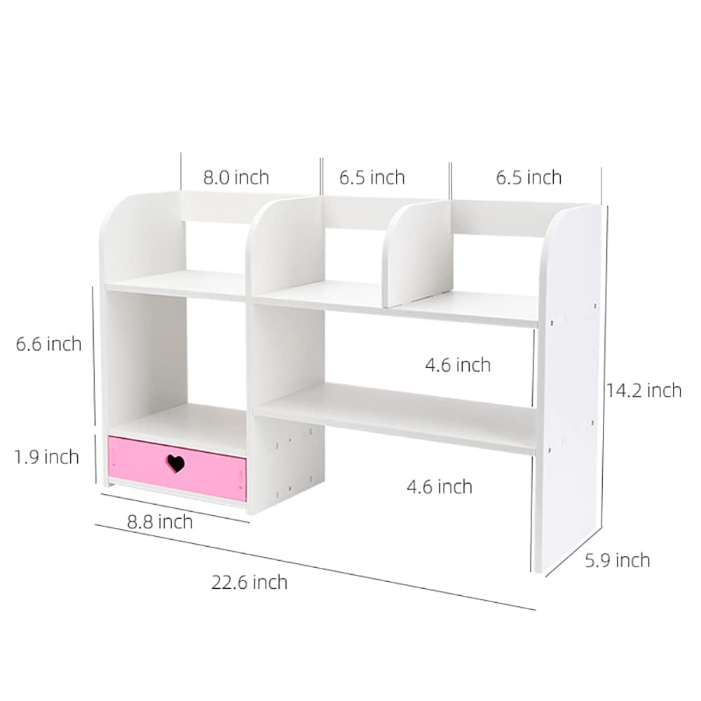 Kawaii Pink Bookshelf for Desk with Drawer - Cute Office Desk Organizer & Storage Accessories - Home Decor Display for Books, Stationery & Makeup