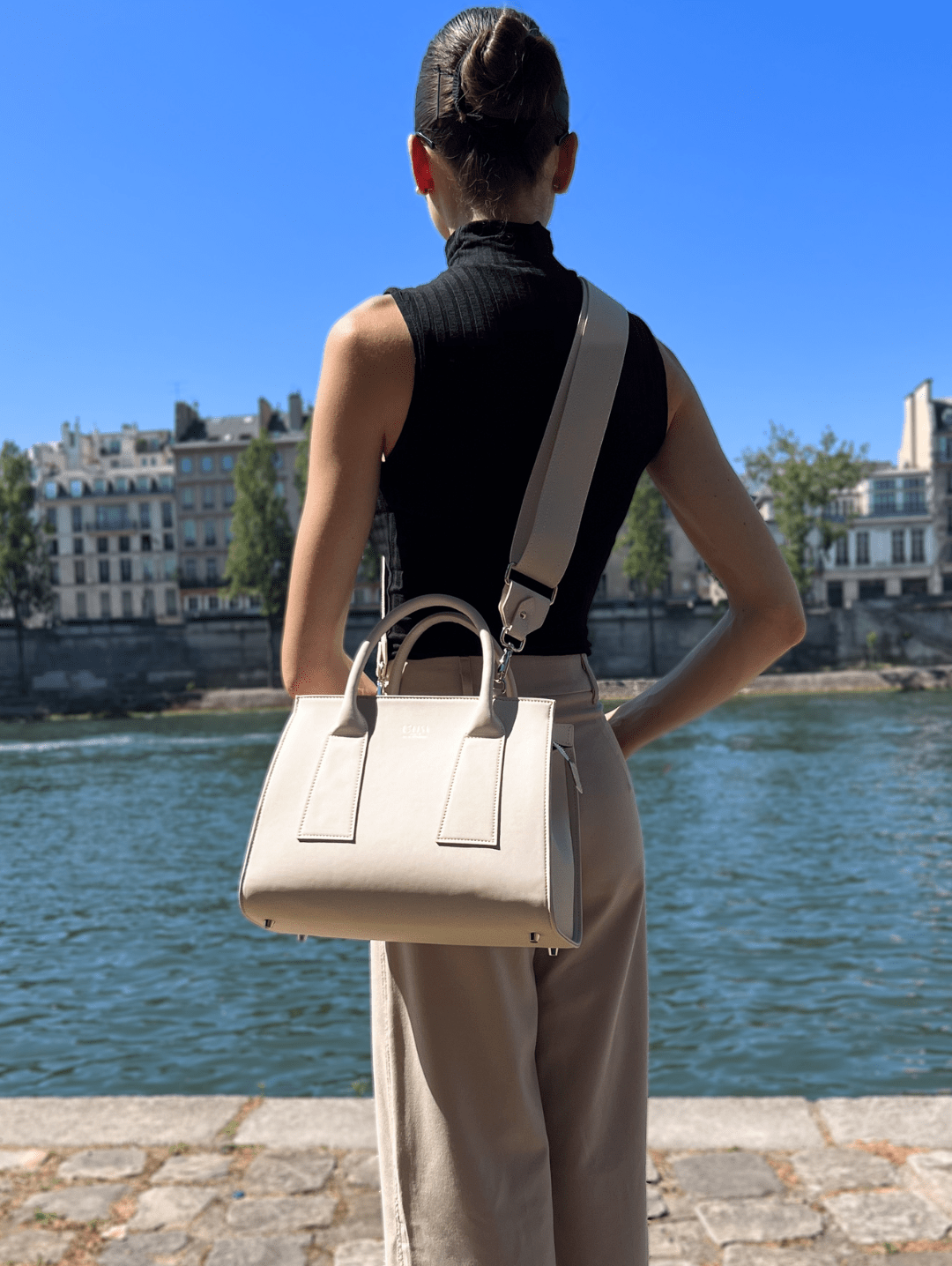 Vegan Grape Leather Tote Bag with Shoulder Strap - Cream | Stylish Eco-Friendly Handbag for Work, Travel & Everyday Use