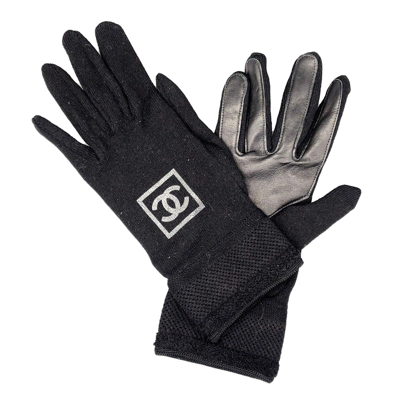CHANEL Knit Wool Lambskin Black Leather Sport Gloves with CC Logo - Size M for Women | Winter Fashion Accessories | Perfect for Skiing, Driving & Cold Weather Protection