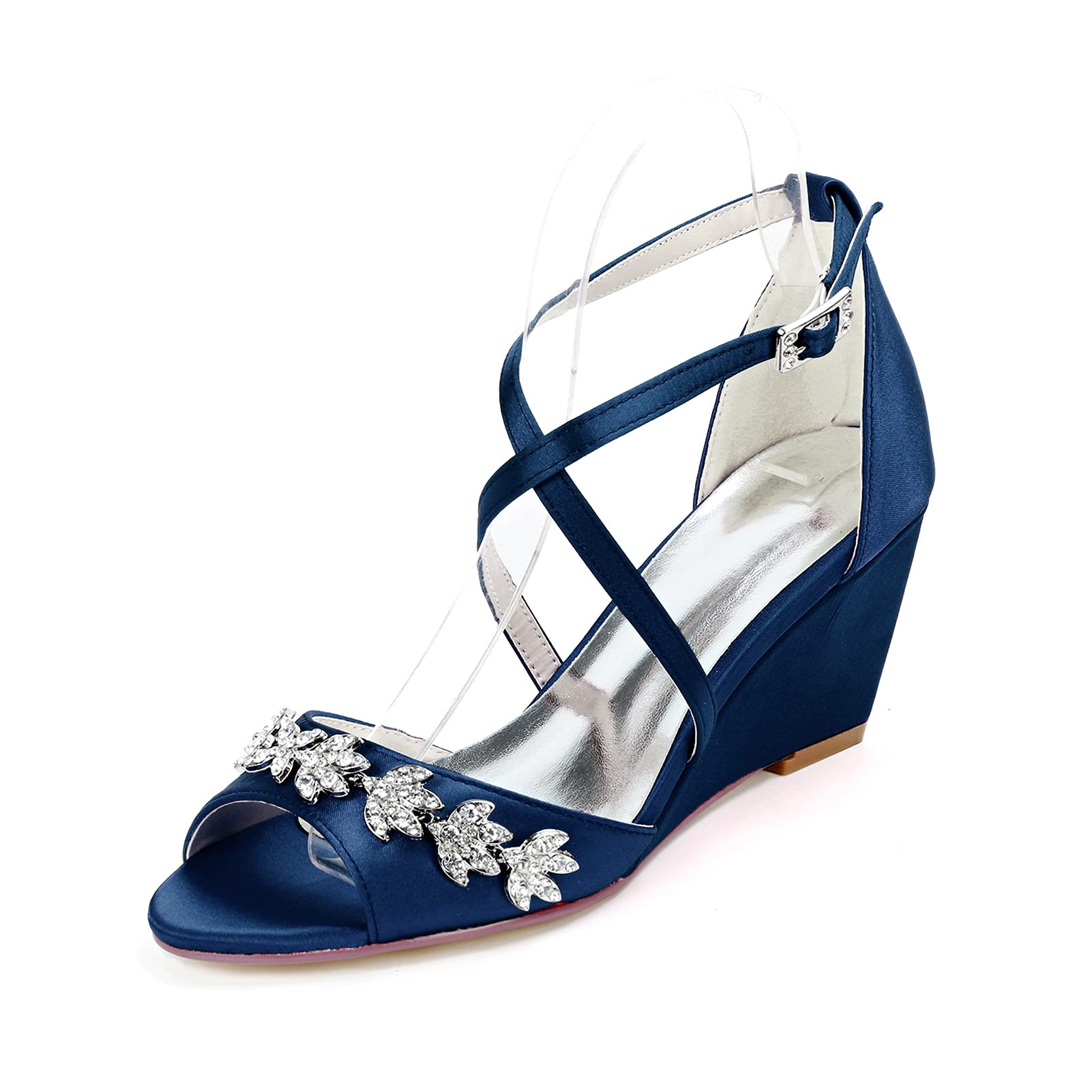 ZXD Women's Satin Peep Toe Ankle Strap Wedge Sandals - Comfortable Bridal Shoes for Wedding, Prom & Party (Navy Blue, Size 42) | Perfect for Beach Weddings, Evening Events & Special Occasions