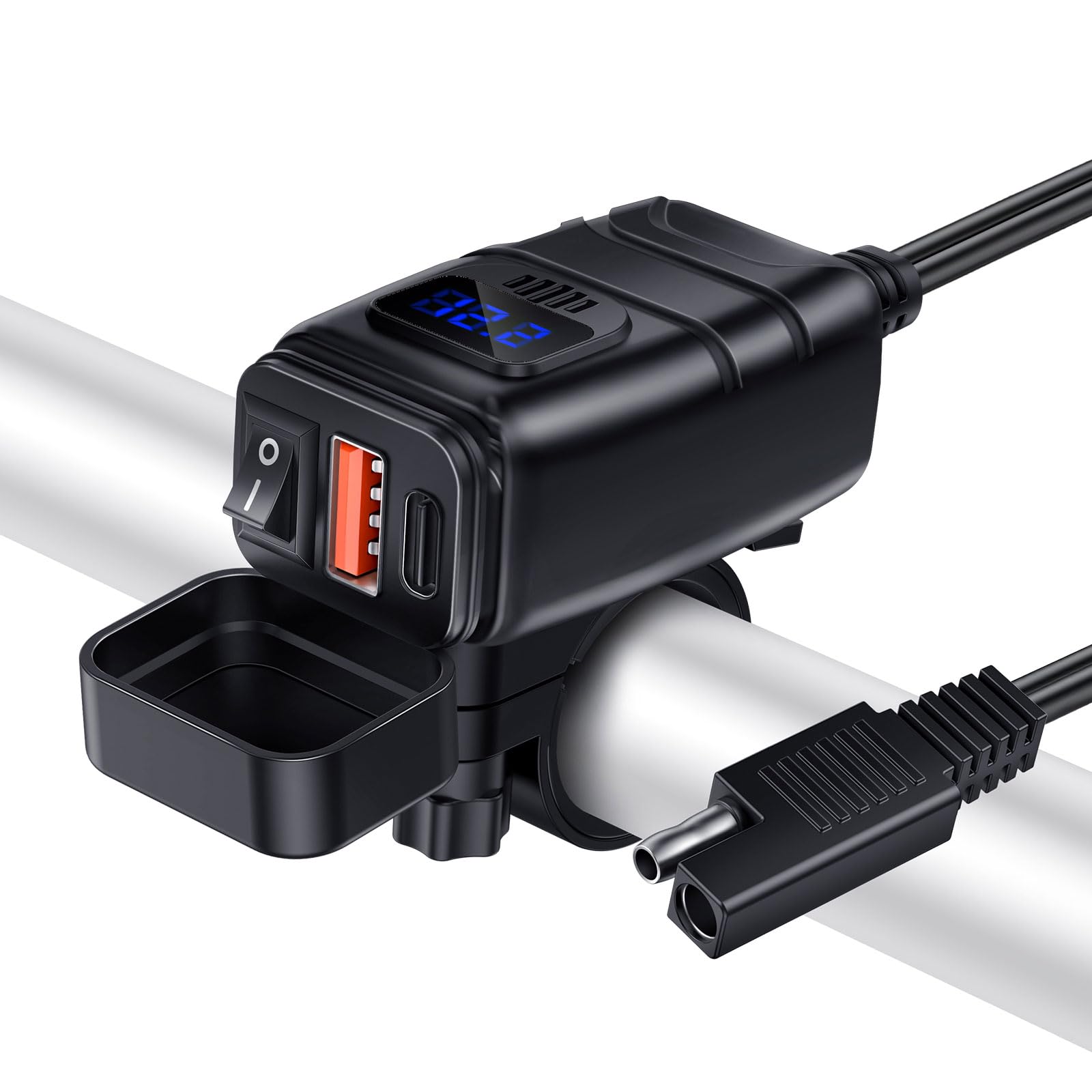 6.4A Dual USB Quick Charge 3.0 Motorcycle Phone Charger with Type C PD & ON/Off Switch | SAE Quick Disconnect Adapter | Waterproof Motorcycle Accessories for iPhone, Samsung, Android | Perfect for Long Rides & Outdoor Adventures (Blue)