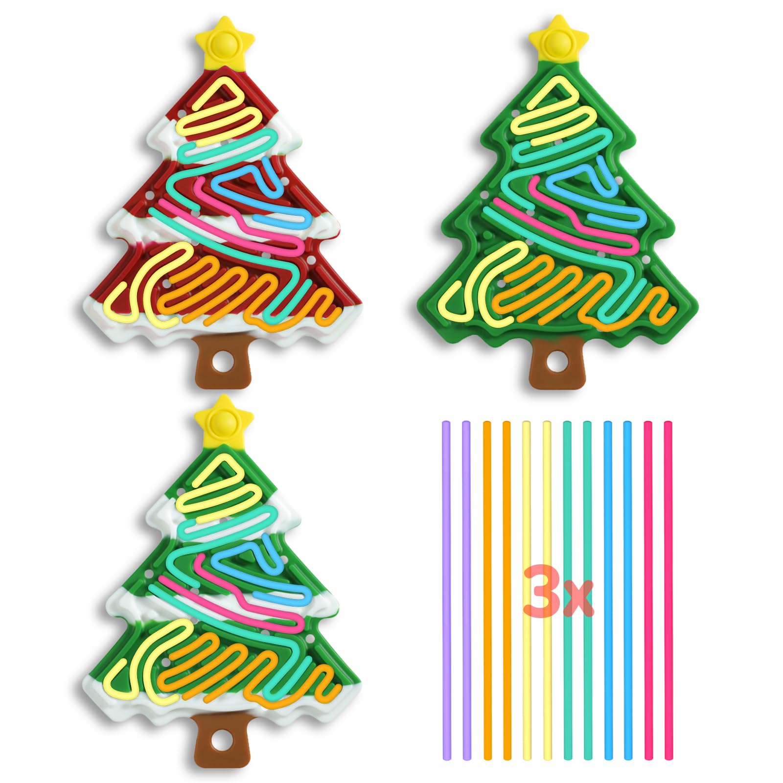 3PCS Christmas Sensory Activity Board Silicone Fidget Toy - 54 Strings Calming Sensory Toys for Kids with Autism, Anxiety & ADHD - Stress Relief Christmas Tree Stocking Gift Bag for 3+ Kids & Adults (Color 3) - Perfect for Classroom, Therapy, Travel & Home Use