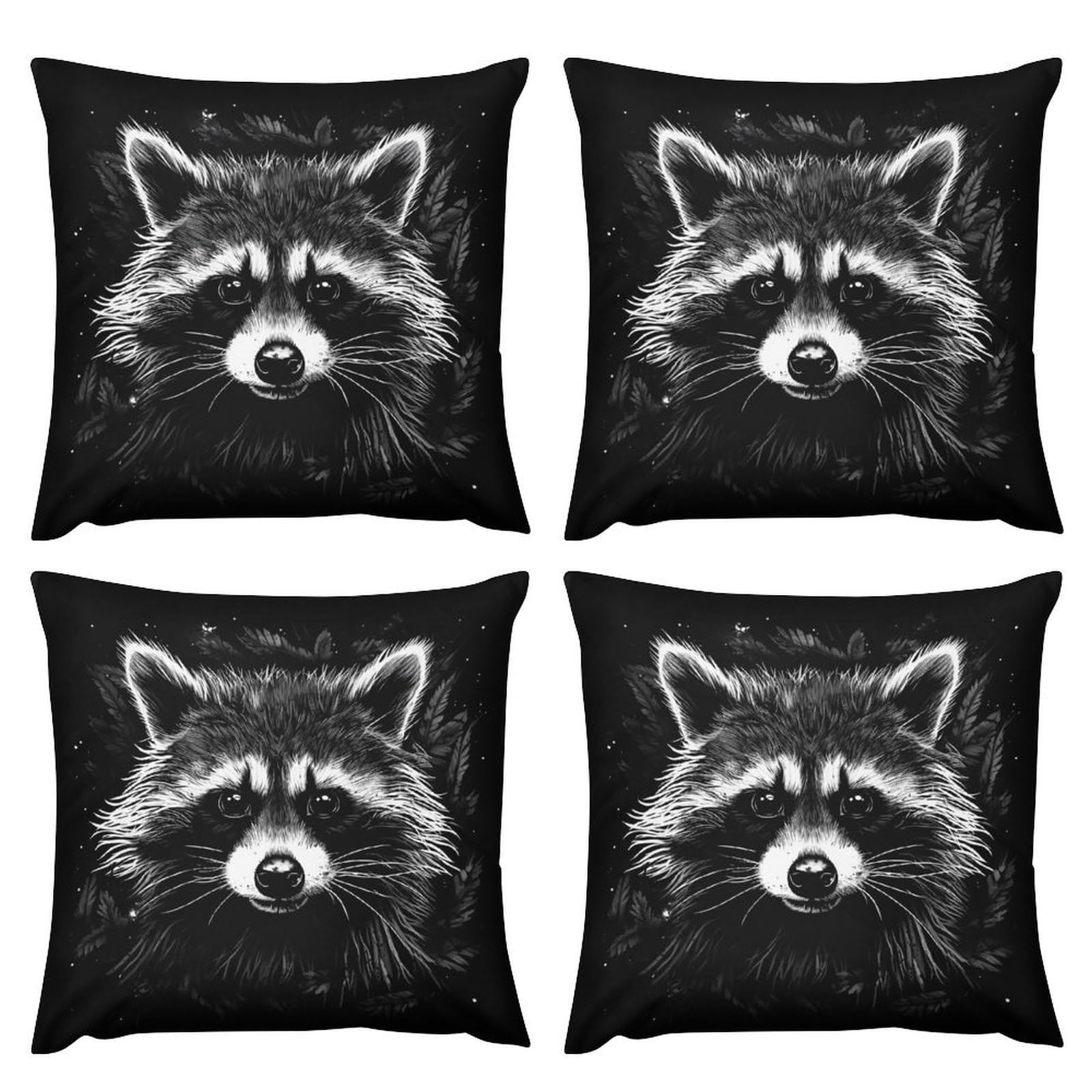Soft Black Plush Raccoon Portrait Pillow Covers - Set of 4 (12x12 Inches) for Sofa, Bed & Home Decor | Cozy Cushion Cases for Living Room, Nursery & Gifts