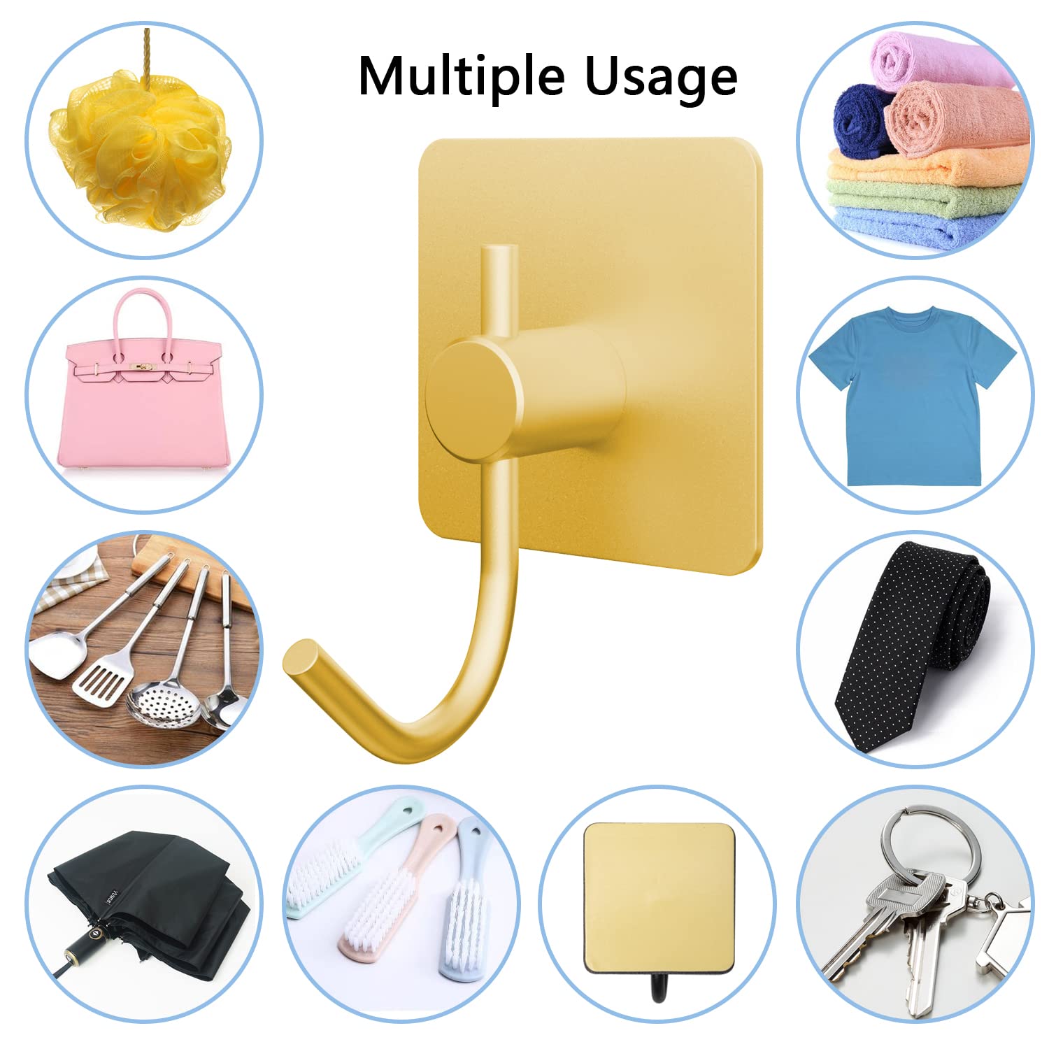 VAEHOLD 6 Pack Heavy Duty Adhesive Wall Hooks - Aluminum Sticky Hangers for Towels, Coats, Hats, Robes & Keys - Strong Wall Mount Hooks for Kitchen, Bathroom, Office & Closet Organization (Gold) - Perfect for Home Decor & Space Saving Storage