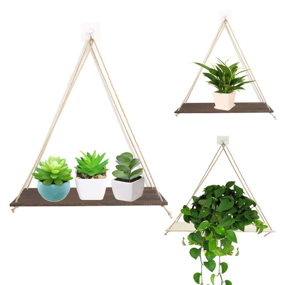 Hanging Plant Stand - Wooden Flower Pot Rack with Cotton Rope for Indoor Plants | Wall Mounted Planter Shelf for Home Decor, Kitchen Herb Garden & Balcony Display
