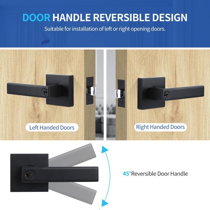 10 Pack Heavy Duty Keyed Entry Door Levers with Keys - Flat Style Door Handle Set in Matte Black (Not Keyed Alike) - Secure Exterior Lockset for Storeroom, Bedroom, Office & Commercial Use