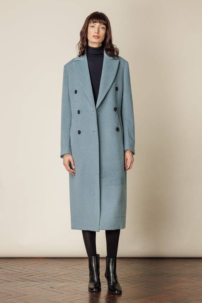 Premium Long Double Breasted Wool Alpaca Coat for Women - Sky Blue Winter Trench Coat | Warm Formal Office Wear & Stylish Outerwear for Business & Special Occasions