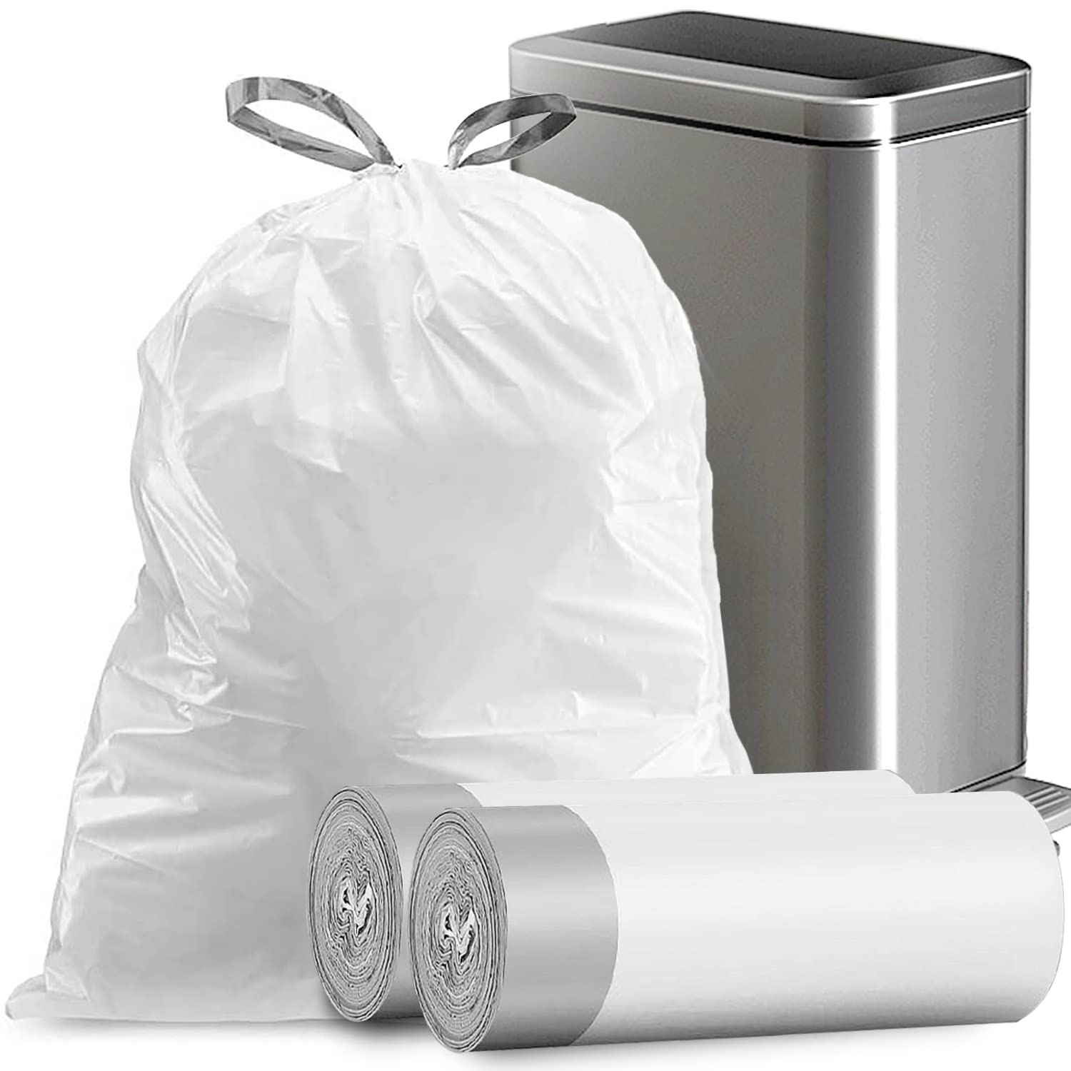 8 Gallon Drawstring Trash Bags - Heavy Duty Kitchen Garbage Bags, 22 x 23 Inches, 34 Count White Trash Can Liners for Home, Office & Outdoor Use