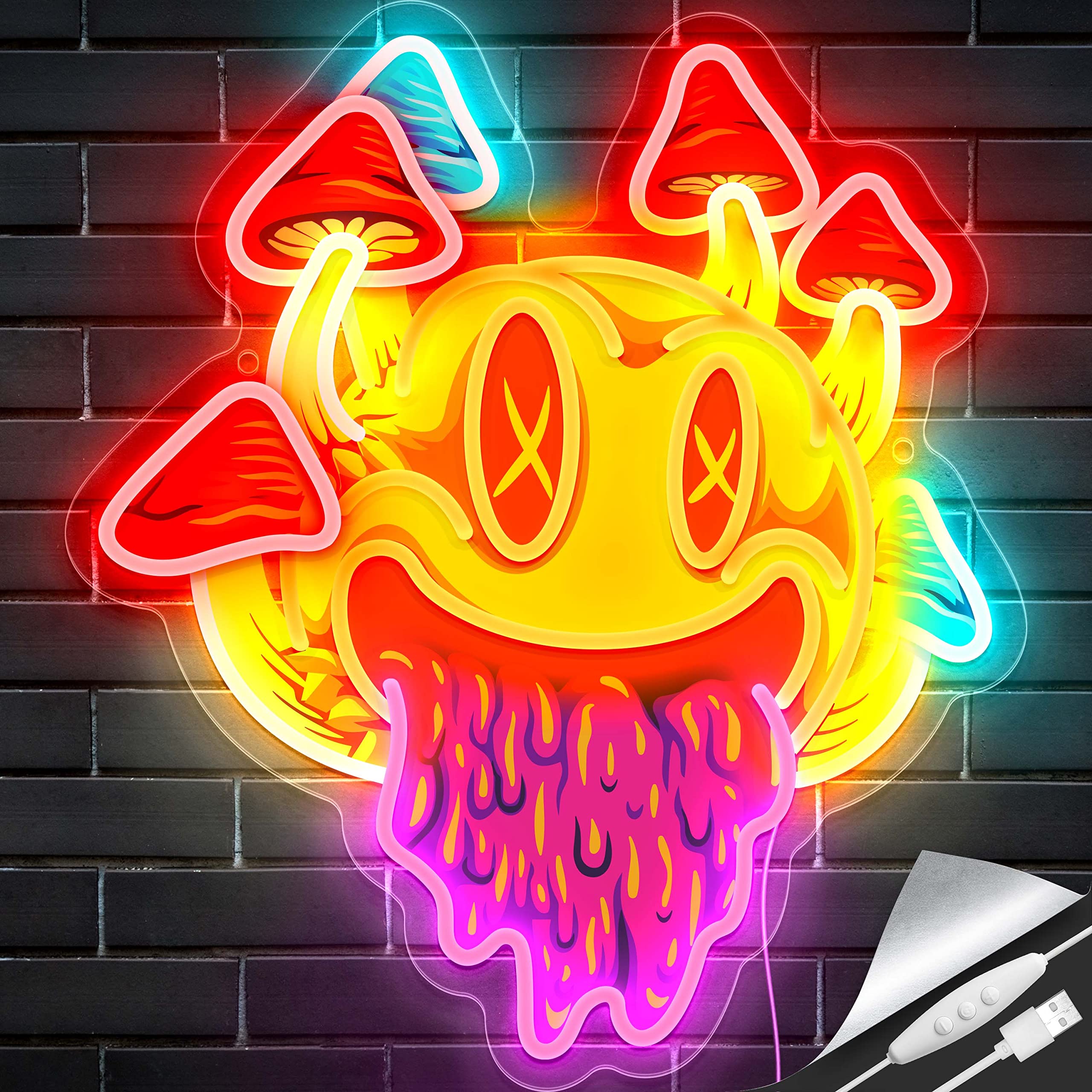 GGK Smiling Mushroom Neon Sign - Unique Trippy Mushroom Wall Decor, Aesthetic Room Lighting for Halloween Parties, Bedroom, Bar, Game Room & Man Cave - Perfect for Psychedelic Themed Spaces & Gift Ideas