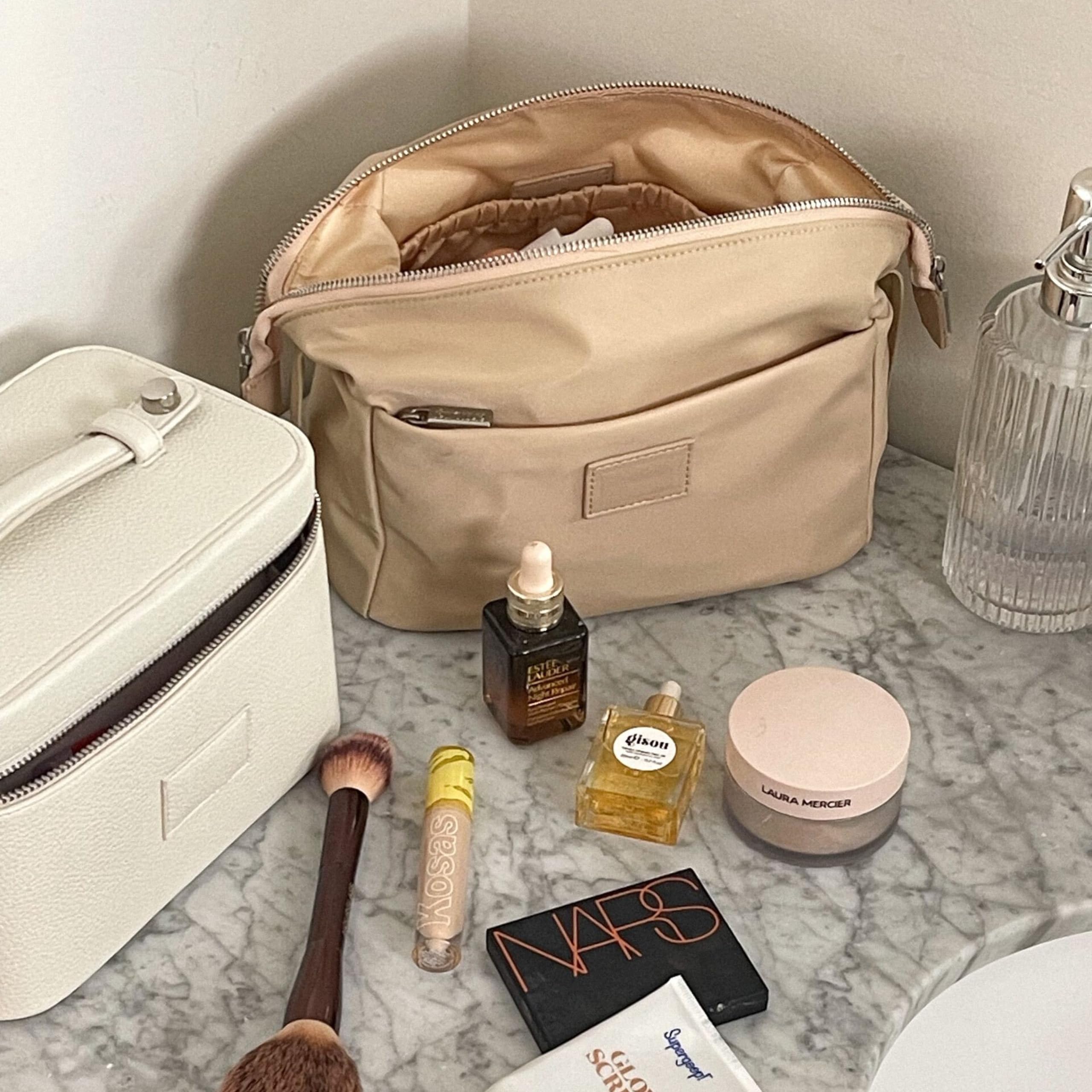 ETOILE Jet Setter Travel Case - Soft Flexible & Foldable Makeup Cosmetic Bag for Women | Perfect for Air Travel, Vacation & Daily Organizer (Beige)