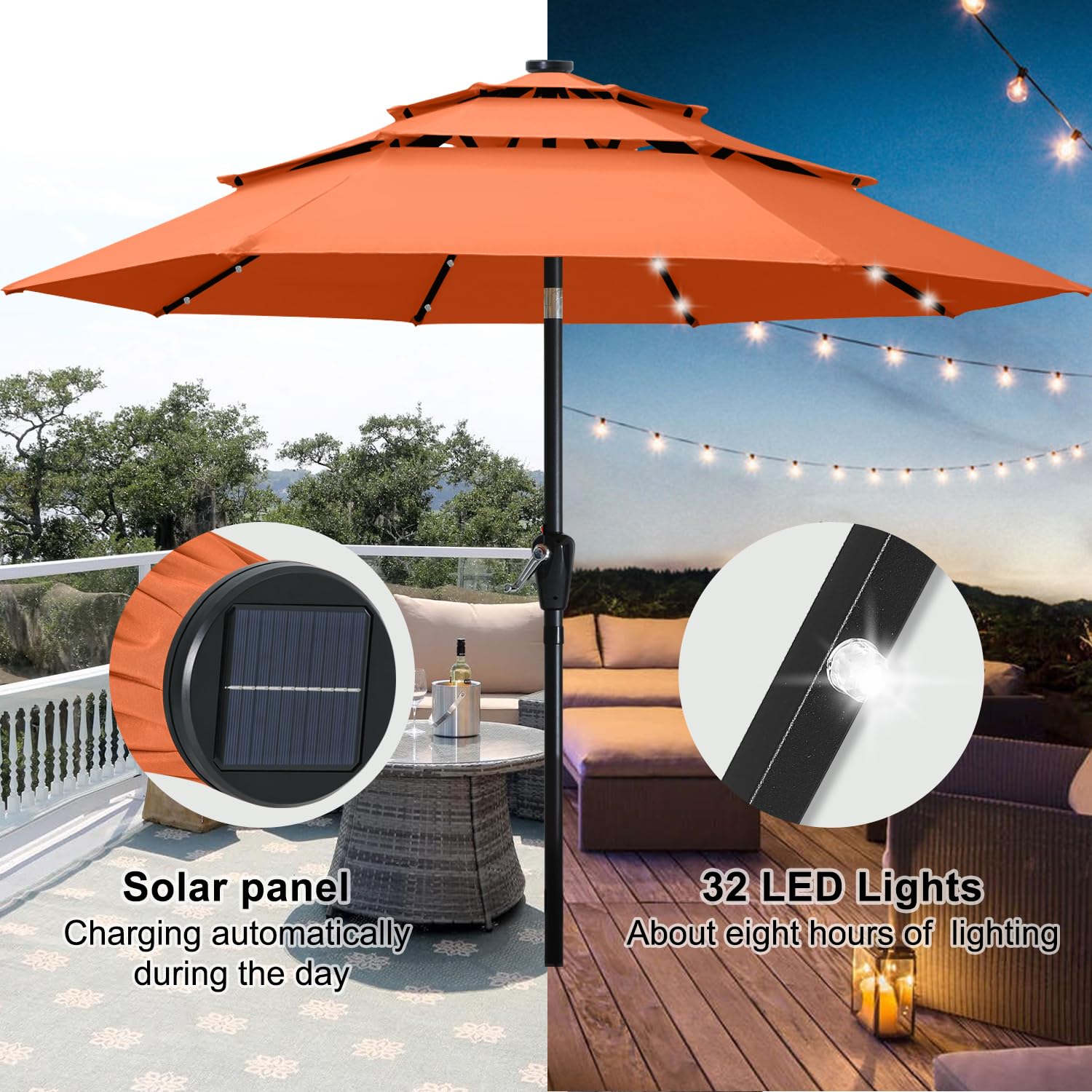 ABCCANOPY 9FT Solar LED Patio Umbrella - 3-Tier Outdoor Market Umbrella with Auto-Tilt & Wind Vent (Orange) - Perfect for Backyard, Poolside, Beach, and Outdoor Dining Areas