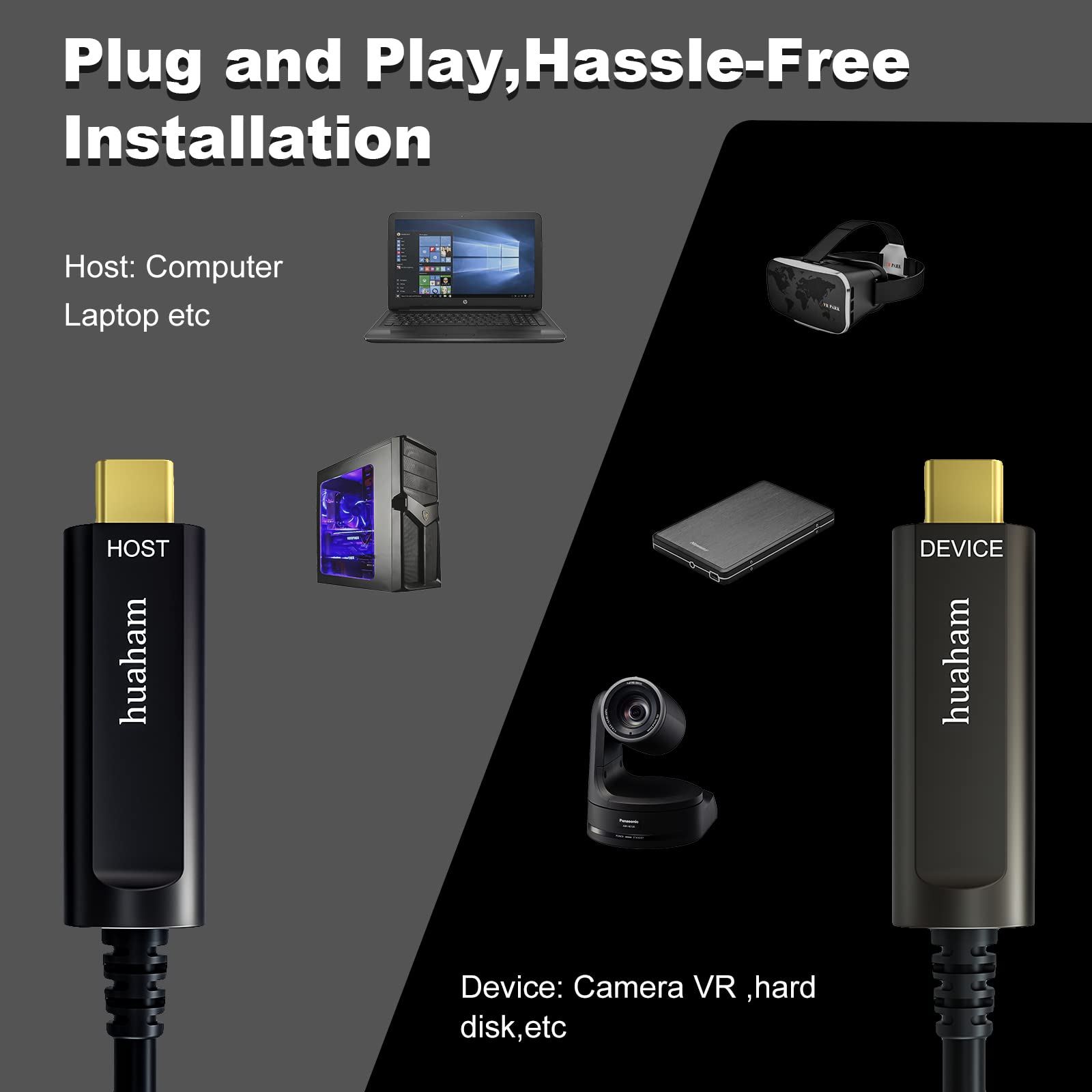 50FT USB C to USB C Fiber Optic Cable - 10Gbps USB 3.1 Gen2 High-Speed Long Distance Type C Cable - Compatible with Logitech Webcam, Microsoft Azure, VR/AR Headsets, Touch Screens & Laptops - Perfect for Conference Rooms, Gaming Setups & Office Workstations