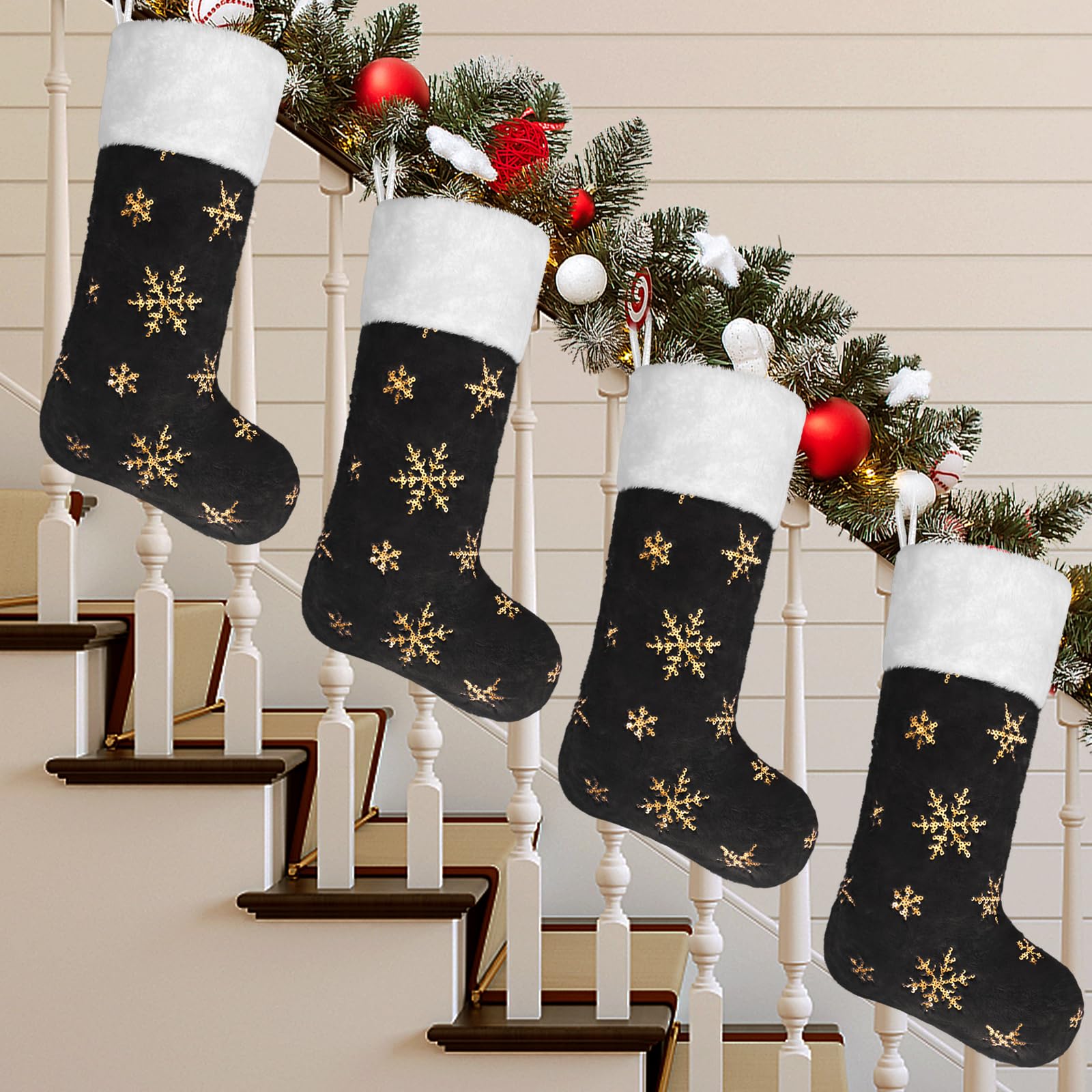 5 Pack Personalized Christmas Stockings with Names - 22 Inch Custom Embroidered Faux Fur Holiday Stockings in Black & Blue with Gold/Silver Snowflake Ornaments - Perfect for Xmas Tree Decor, Fireplace Mantel & Holiday Party Decorations