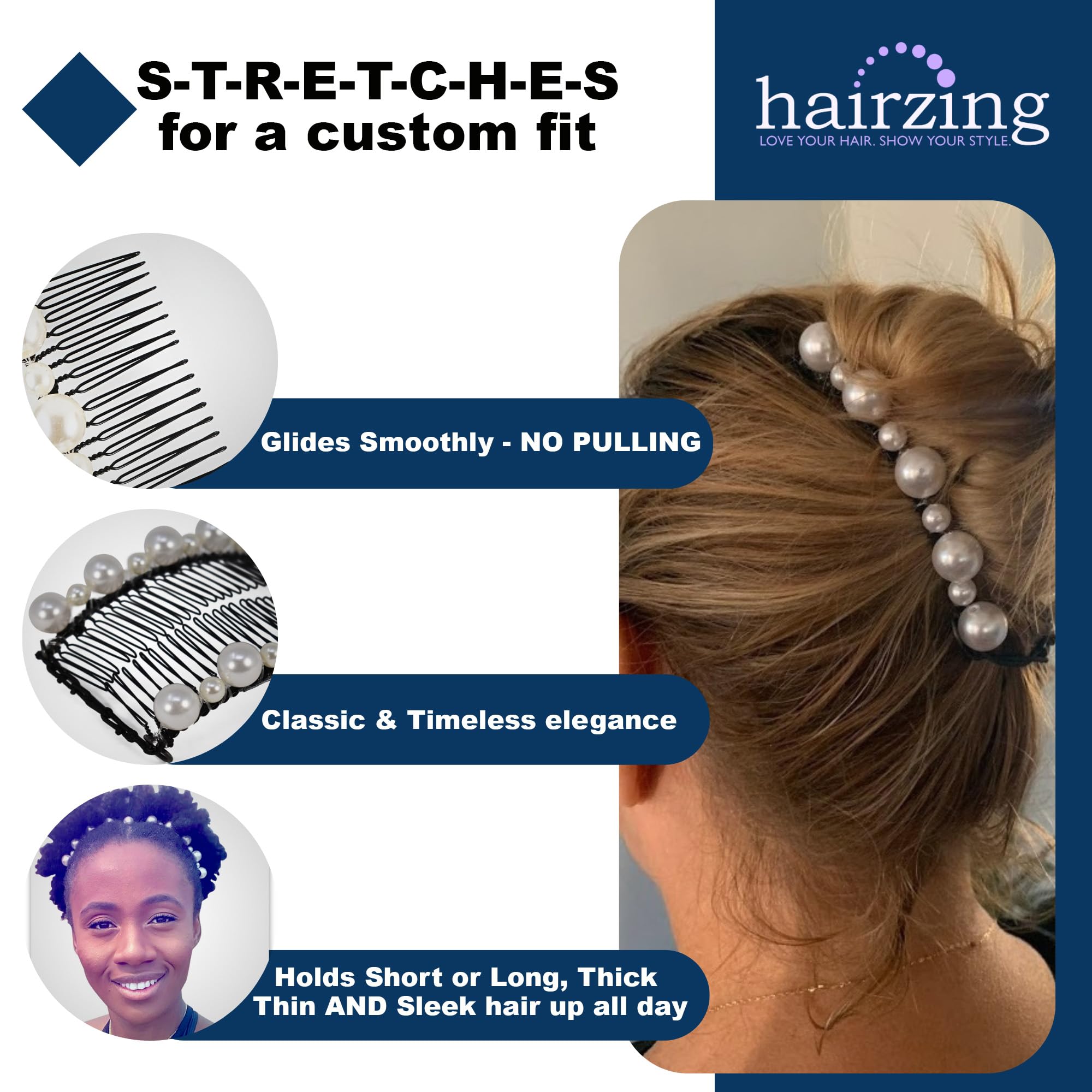 HairZing Banana Hair Clips - 2 Pack White Pearl Hair Accessories for Women | All Day Hold for Thick, Thin & Curly Hair | Comfortable Hair Styling Clips for Ponytails, Buns & Everyday Wear
