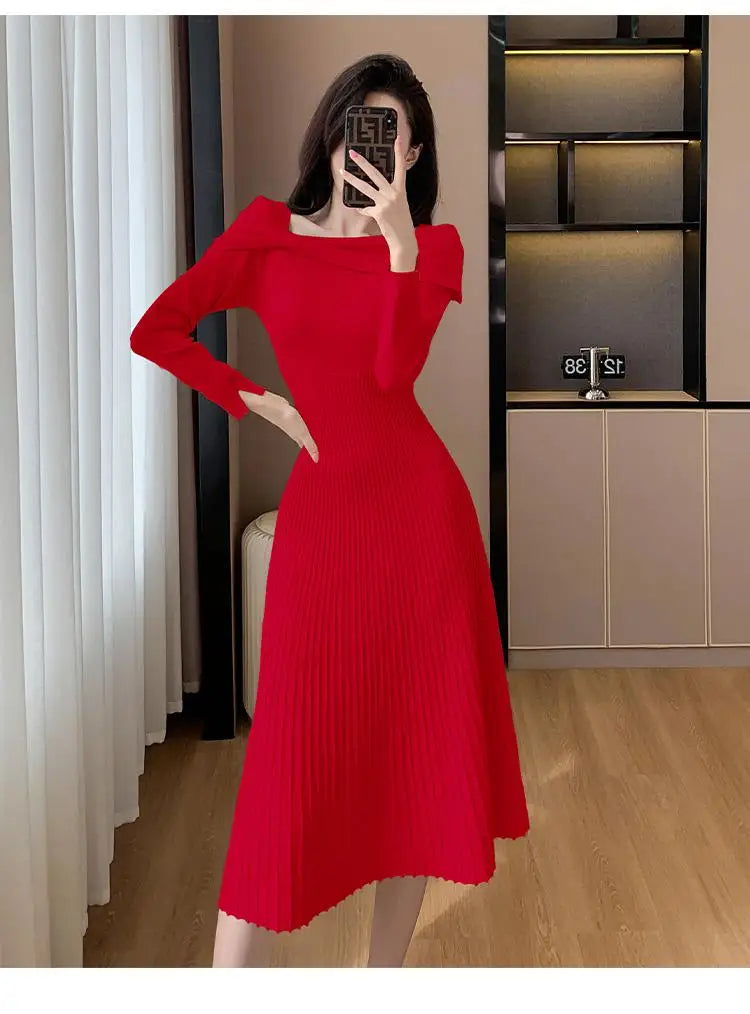 Elegant Black Long Sleeve Knit Dress for Women - Autumn Beige Bow French Fashion Slim Casual Midi Dress - Perfect for Party, Office Wear and Fall Outfits