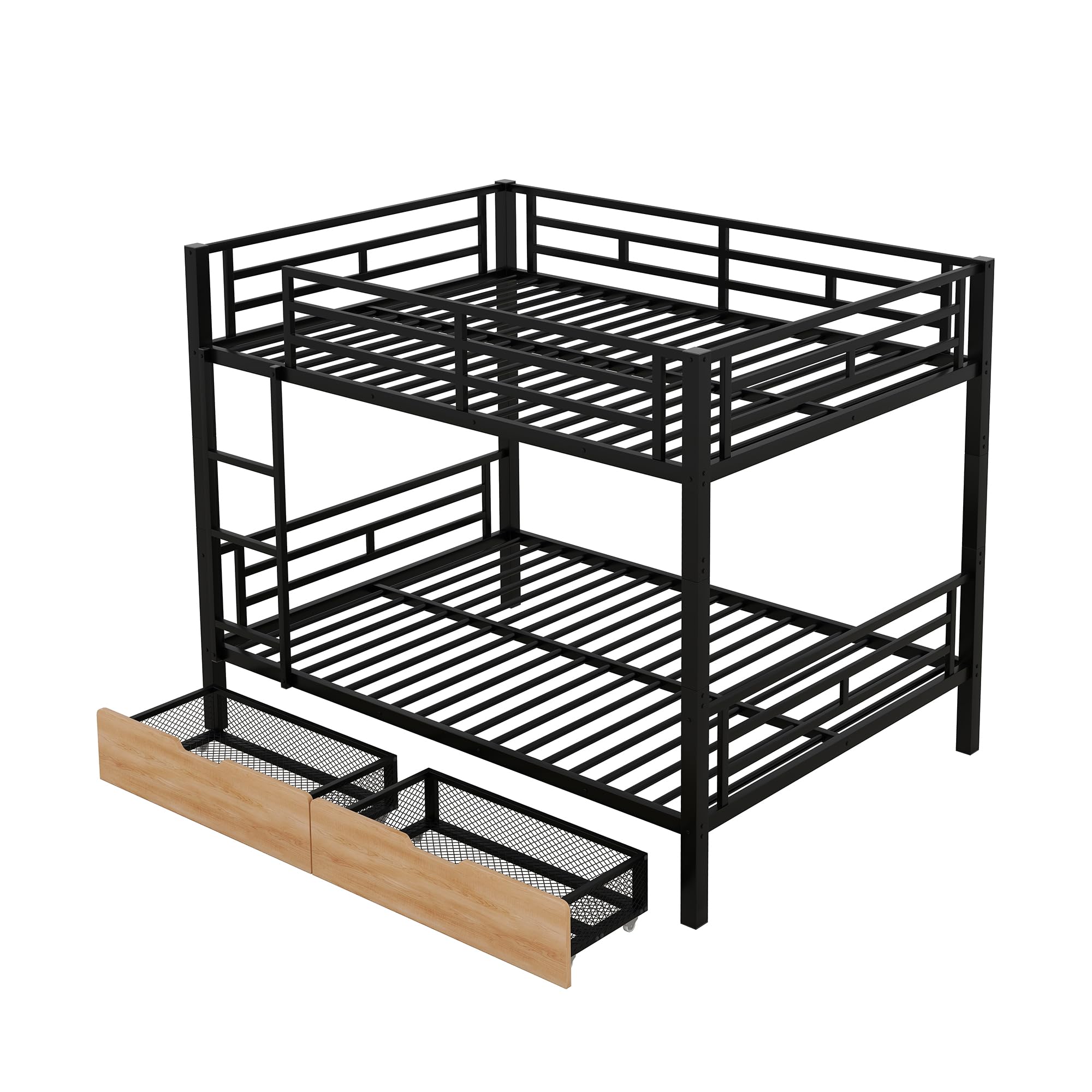 Full Over Full Bunk Bed with 2 Storage Drawers - Heavy Duty Metal Bunk Bed Frame with Safety Guard Rails & Ladder for Kids, Teens & Adults - Convertible to 2 Separate Beds - Space-Saving Black Bunk Bed for Small Rooms, Dorms & Guest Bedrooms