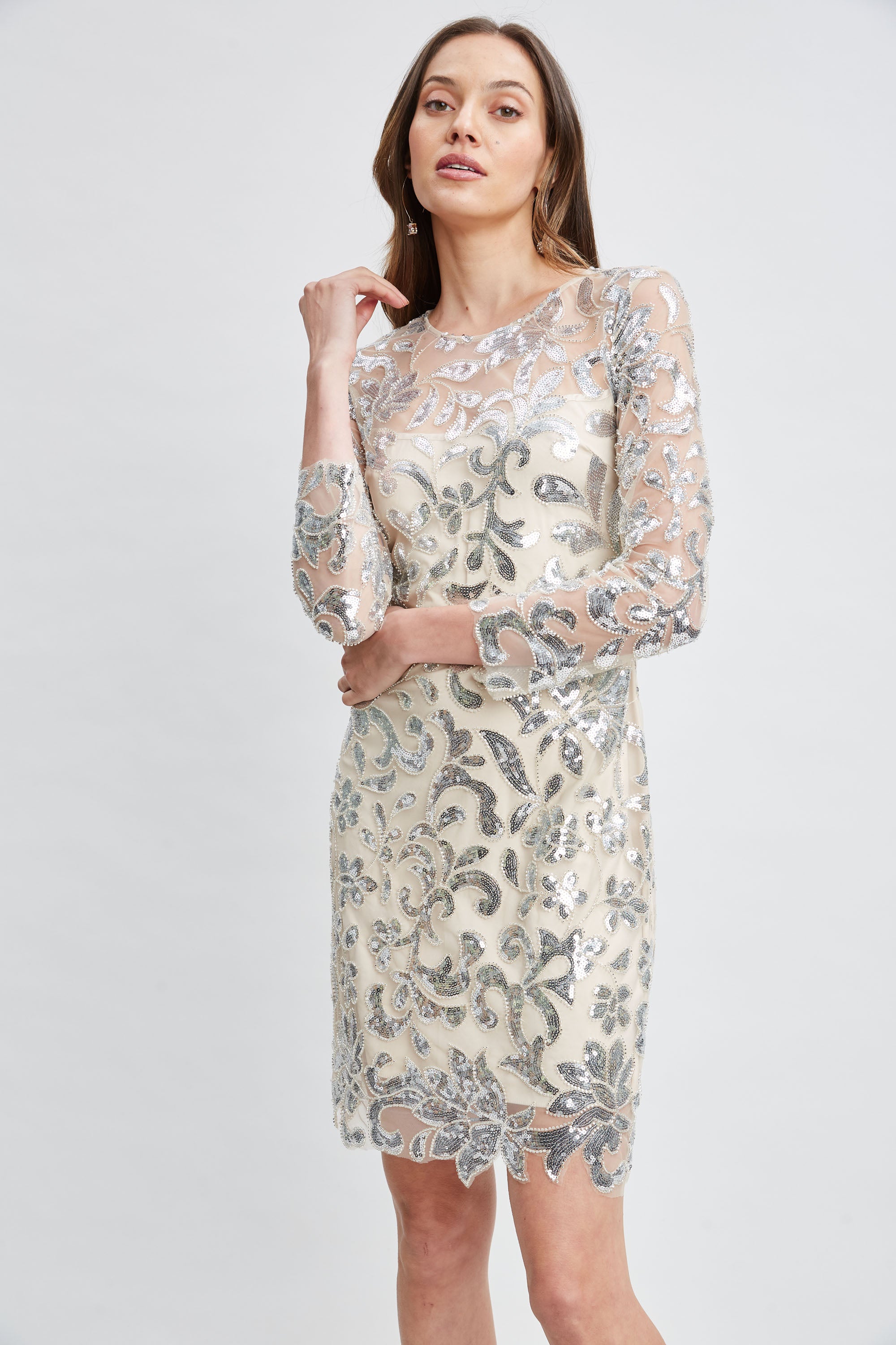 Elegant Floral Sequin Long Sleeve Party Dress for Women - Perfect for Evening Events, Weddings & Special Occasions
