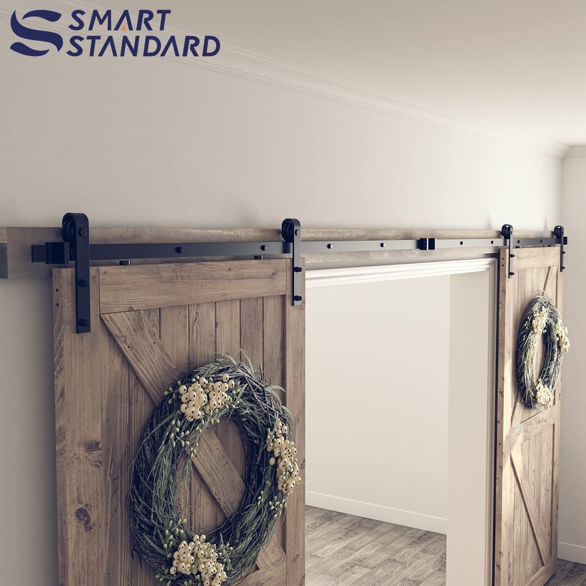 SMARTSTANDARD 15ft Heavy Duty Double Door Sliding Barn Door Hardware Kit - Smooth Quiet Operation - Easy Installation with Step-by-Step Guide - Fits 42