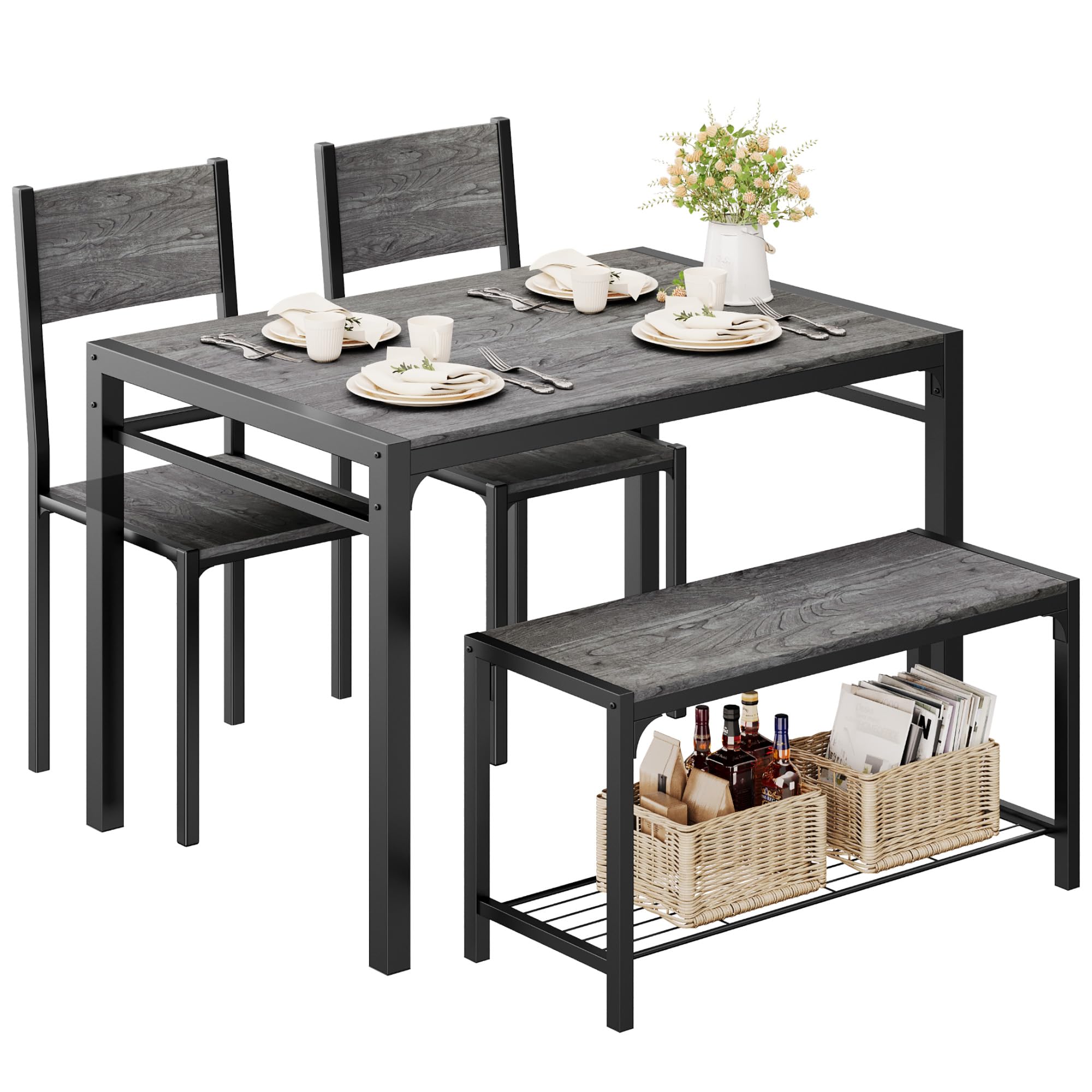 Shahoo 4-Piece Dining Set with Table, 2 Chairs & Bench - Compact Kitchen Table for Small Spaces in Dark Grey - Perfect for Apartments, Breakfast Nooks & Cozy Dining Areas