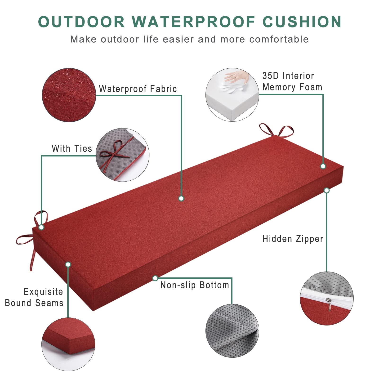 Premium Waterproof Outdoor Bench Cushion - Non-Slip Patio Furniture Cushion for Swing, Couch & Window Seat - 15.7