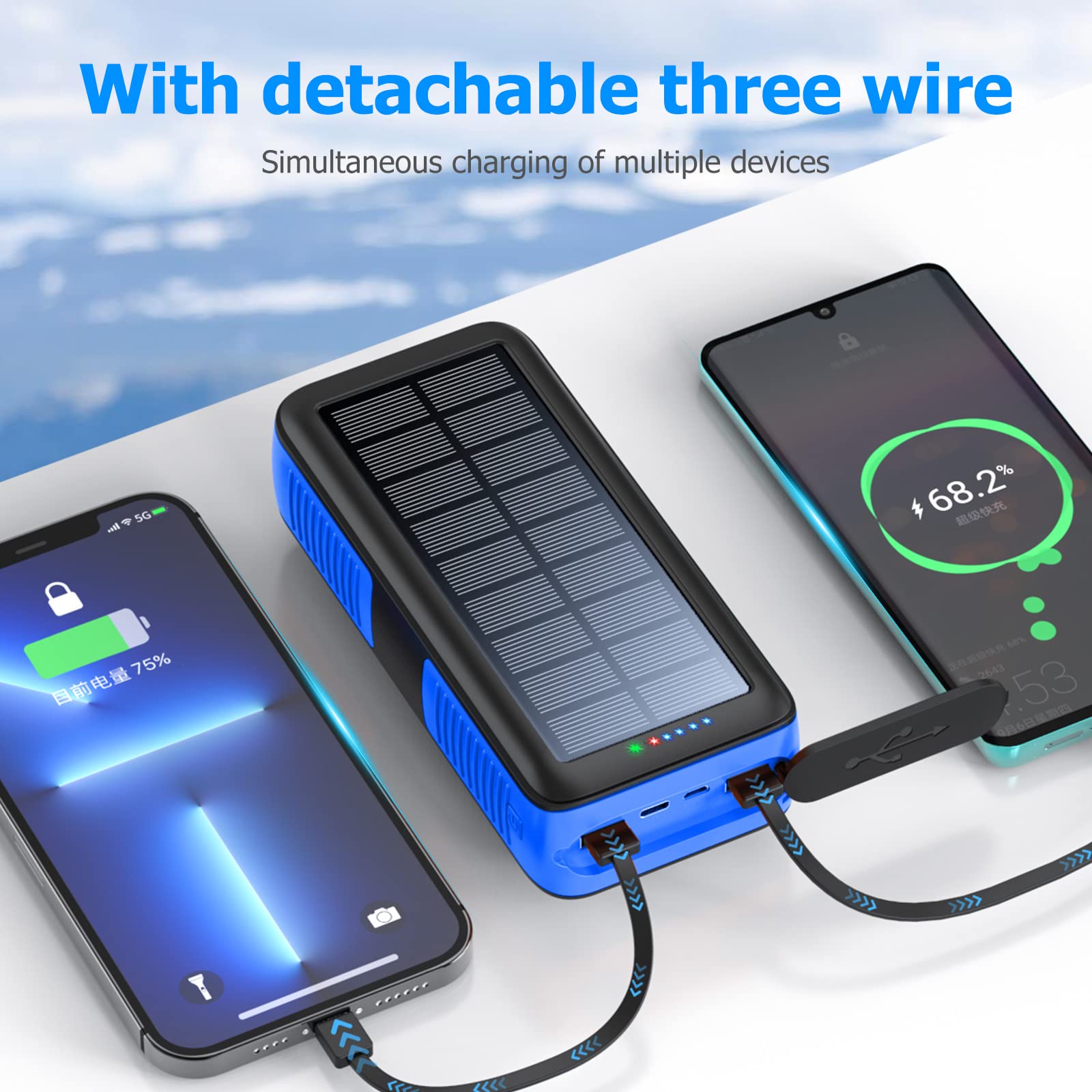 63200mAh Solar Power Bank with Dual USB Outputs & Inputs | Portable Solar Charger with 4 LED Flashlight & Hand Crank | Fast Charging Battery Pack for Camping, Hiking, Emergency Power Backup & Outdoor Survival Gear
