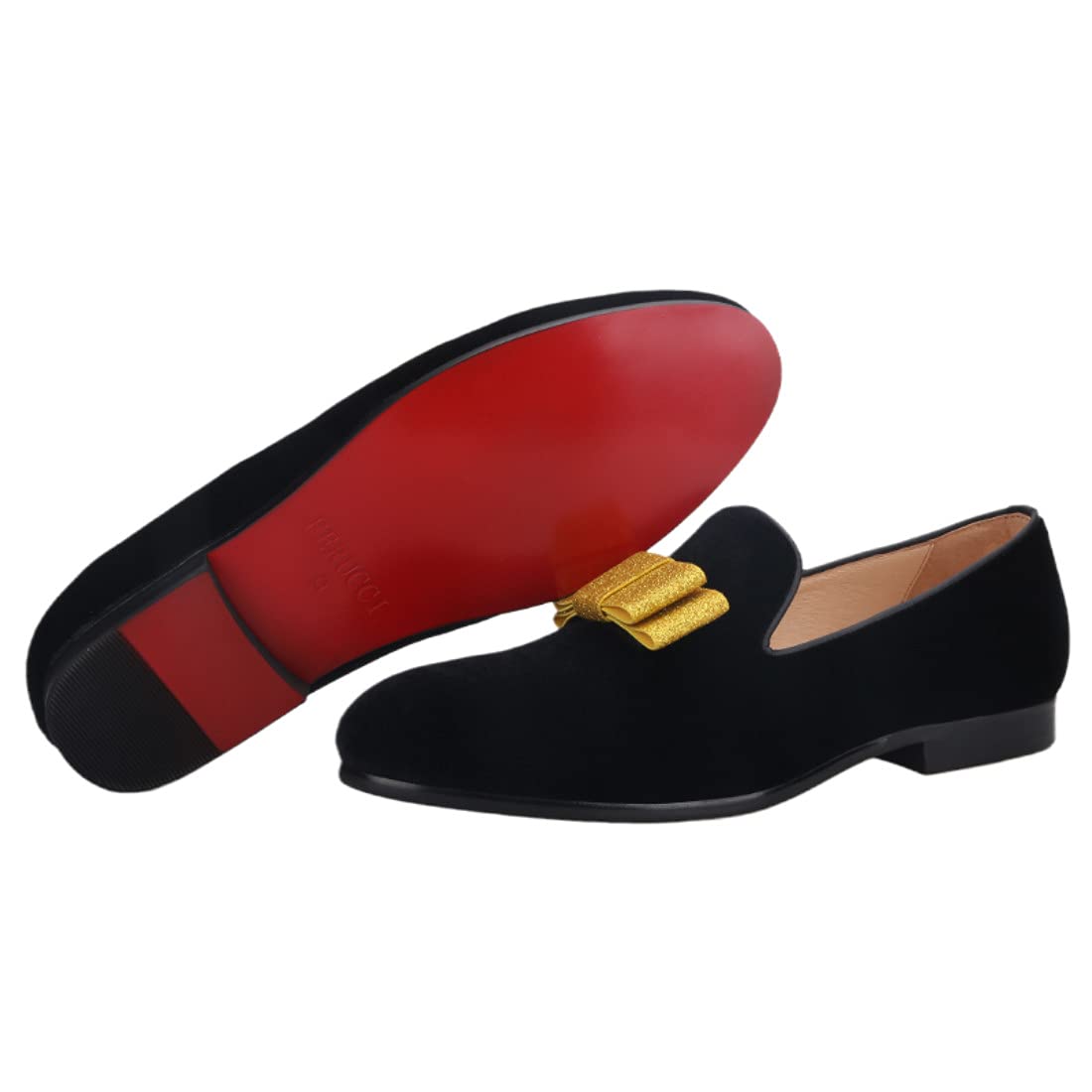 FERUCCI Men's Black Velvet Loafers with Gold Bow - Elegant Formal Slippers for Prom, Wedding & Special Occasions