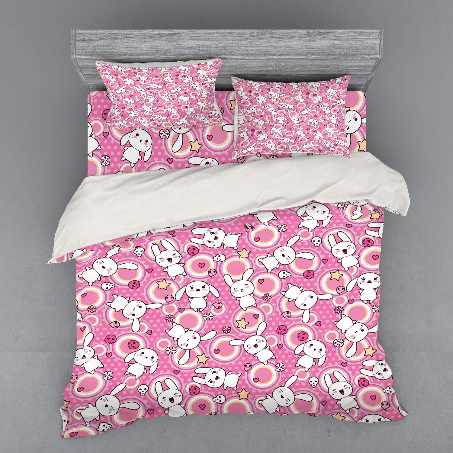 Ambesonne Anime Duvet Cover Set - Kawaii Rabbit Illustration with Funky Animal Print | 3-Piece King Size Bedding Set (Duvet Cover + 2 Pillow Shams) in White & Pink | Perfect for Anime Lovers' Bedroom Decor & Gift for Kawaii Fans
