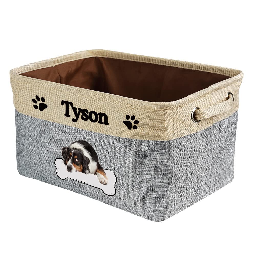 Personalized Australian Shepherd Puppy Bone Print Fabric Storage Basket - Durable Rectangle Toy Organizer with 2 Handles for Closet, Garage, Nursery | Grey & White Decorative Bin for Clothes, Blankets & Pet Supplies