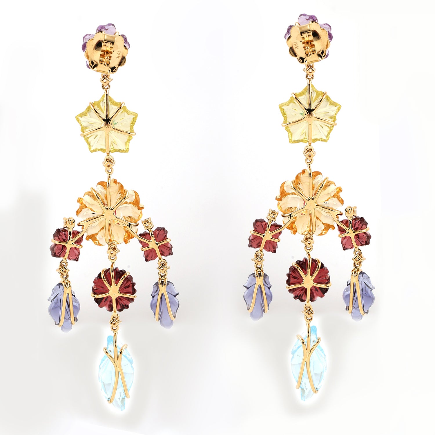 18K Yellow Gold Handmade Carved Mixed Gemstone Chandelier Earrings for Women - Elegant Dangling Jewelry for Parties, Weddings & Special Occasions